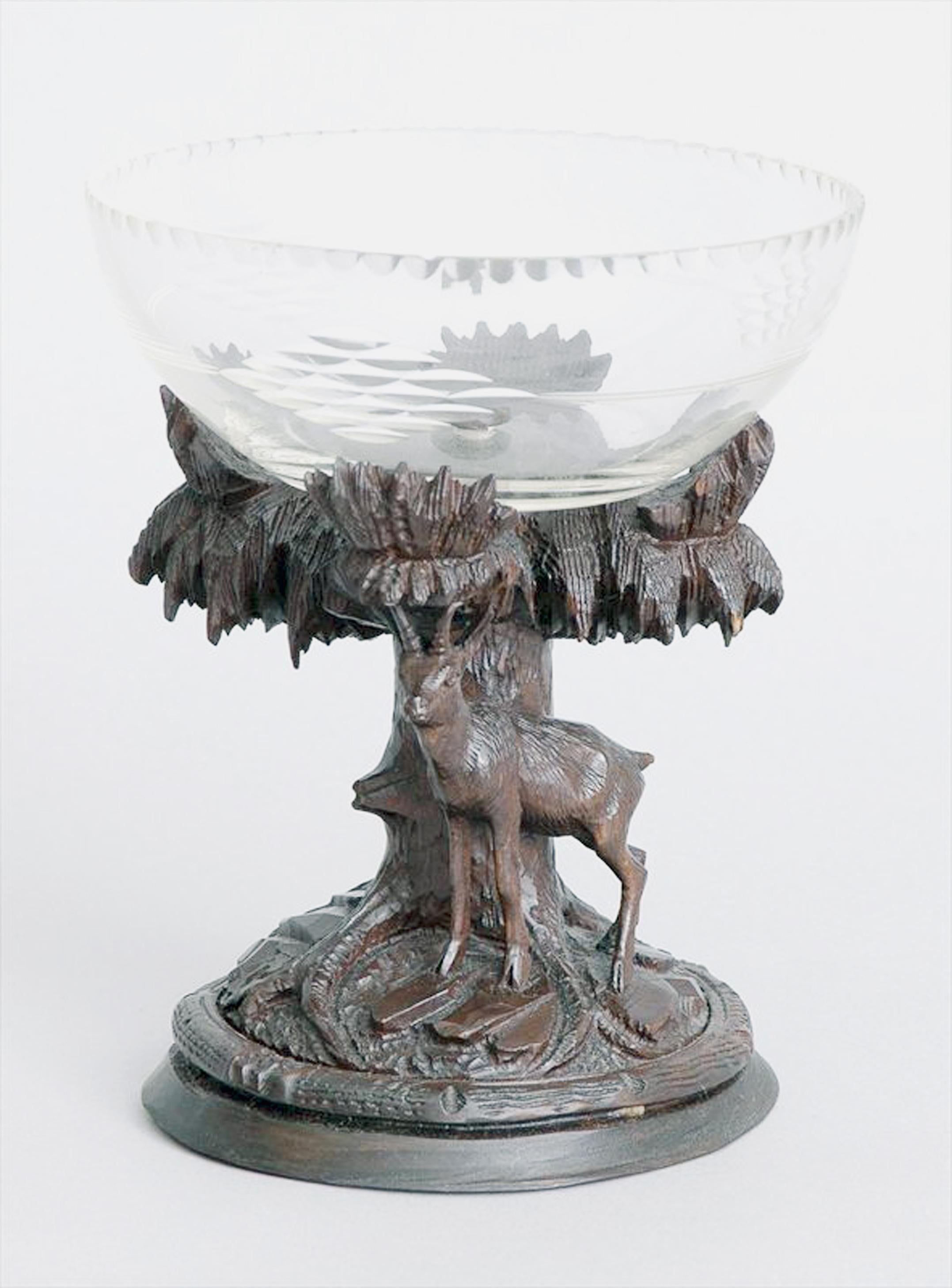19th Century Swiss Black Forest Carved Linden Wood and Cut Glass Compote