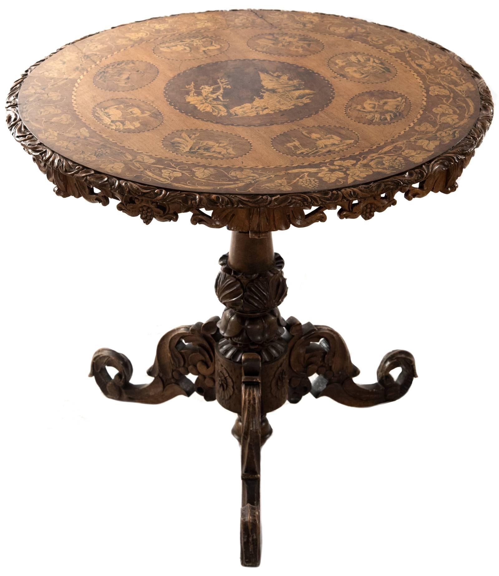 Swiss Black Forest Carved Marquetry Tilt-Top Table and Six Chairs In Good Condition In Salt Lake City, UT