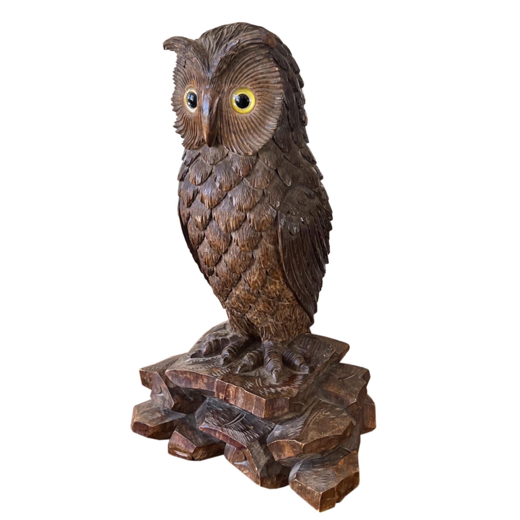 Swiss Black Forest Carved Owl With Glass Eyes, Early 1900s For Sale 1