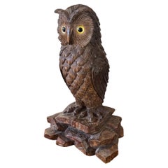 Búho suizo tallado en Black Forest con ojos de cristal, principios del siglo XX