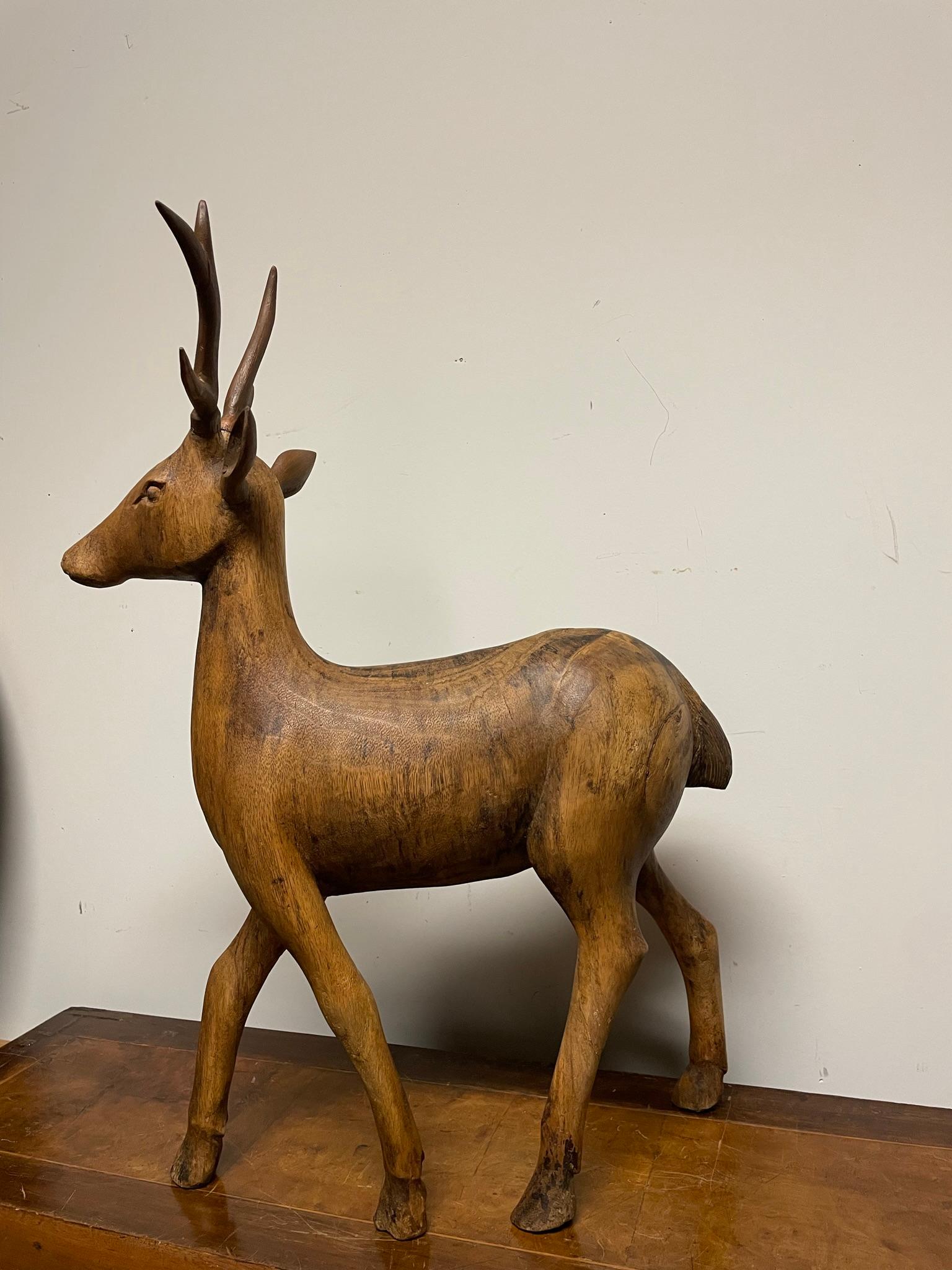 Beautifully carved black forest stag with antlers. Clearly carved by a master craftsman, the stag shown in a naturalistic striding pose. The lovely grain of the black walnut adds another dimension to this compelling sculpture. Great scale at over