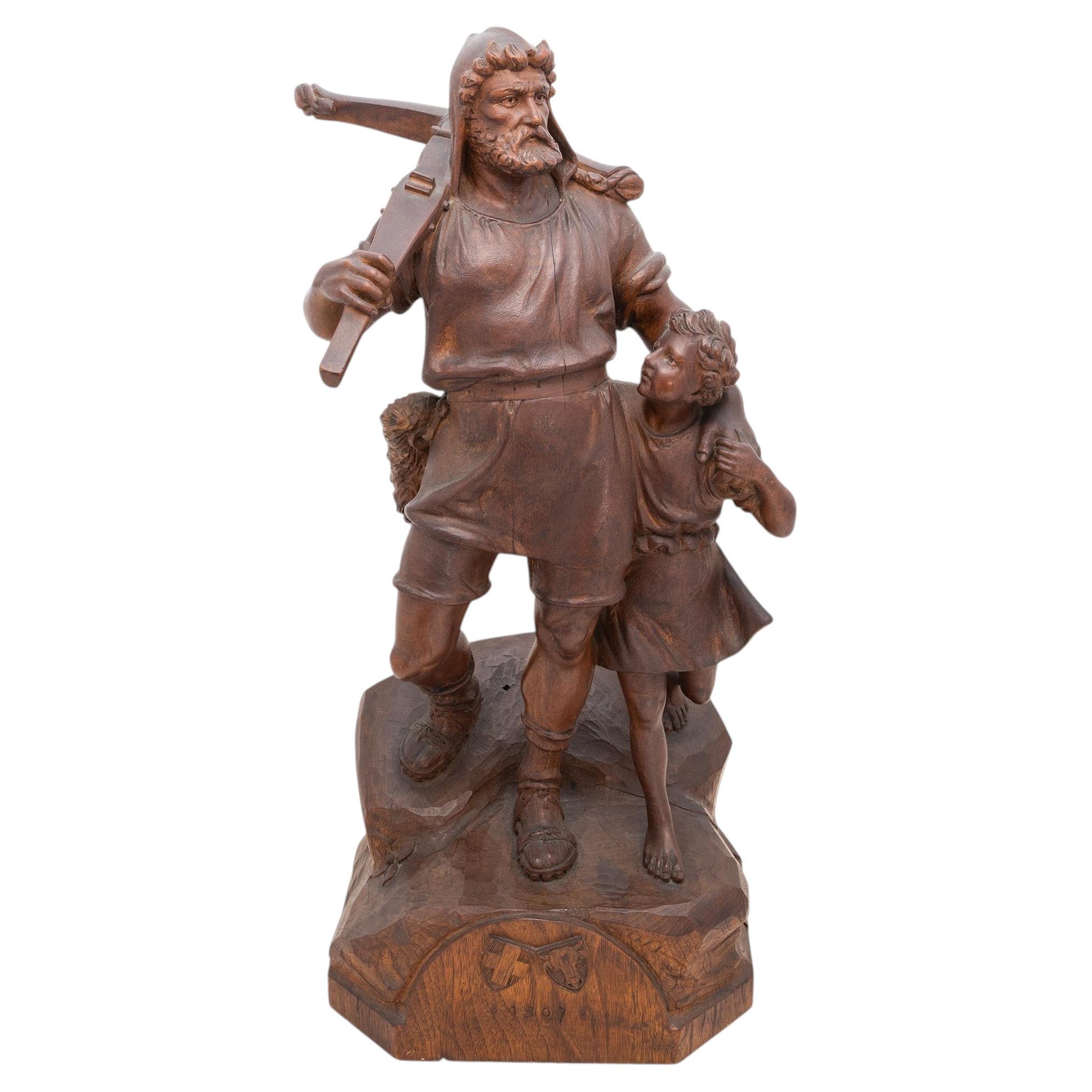 Swiss Black Forest Carving of William Tell and Son For Sale