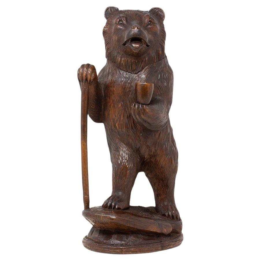 Swiss Black Forest Walking Bear Hand Carved Tobacco Jar For Sale