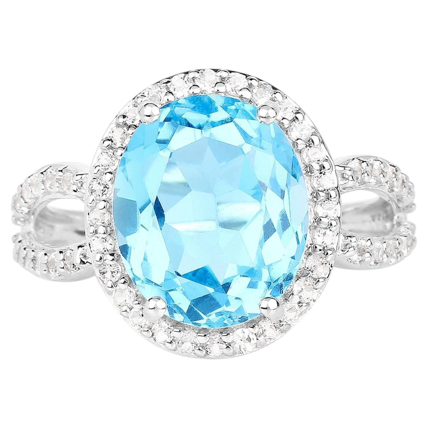 Swiss Blue 5.2 Carat Topaz Ring White Topaz Setting For Sale