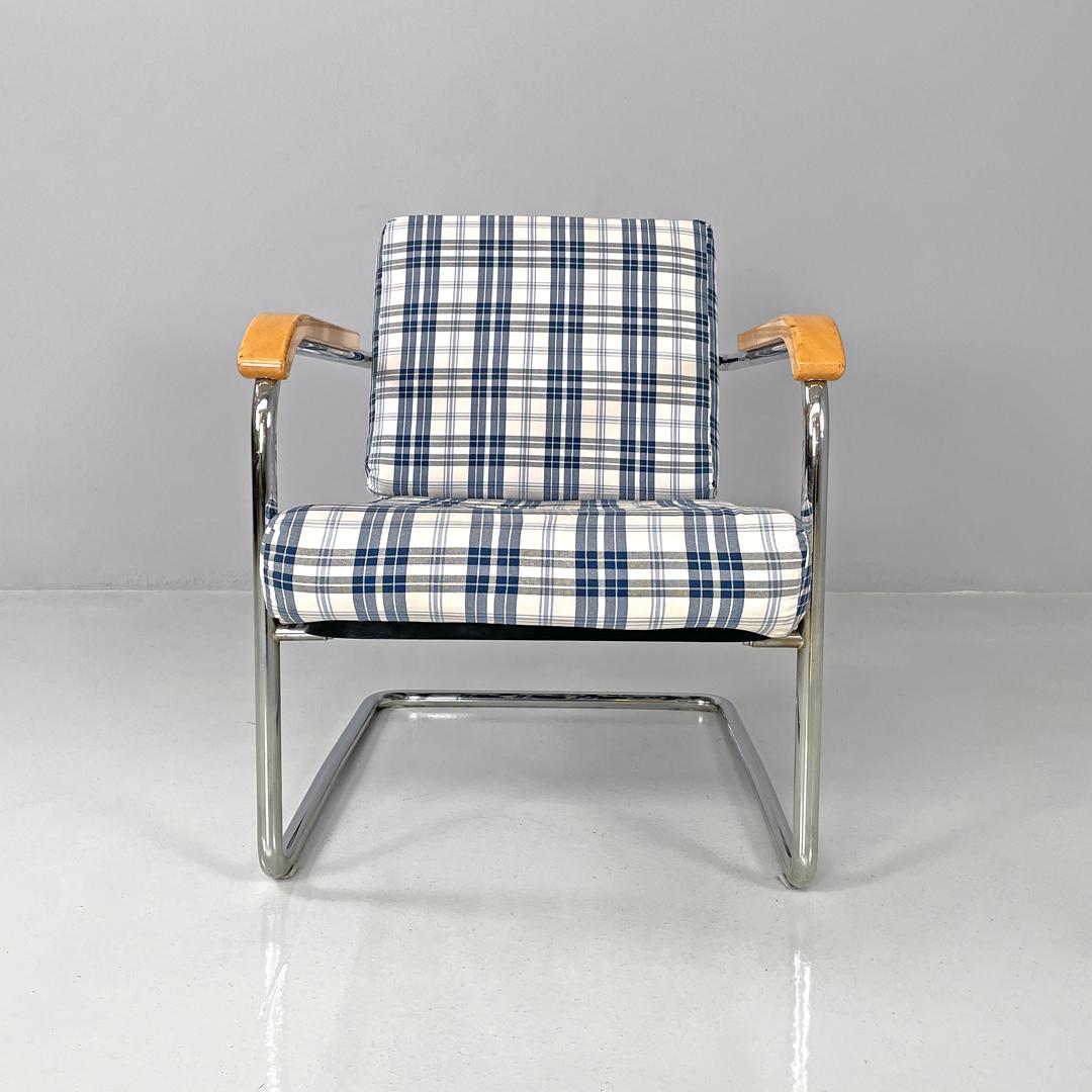 Contemporary Swiss blue tartan and white armchair 1435 by Werner Max Moser for Embru, 2000s For Sale