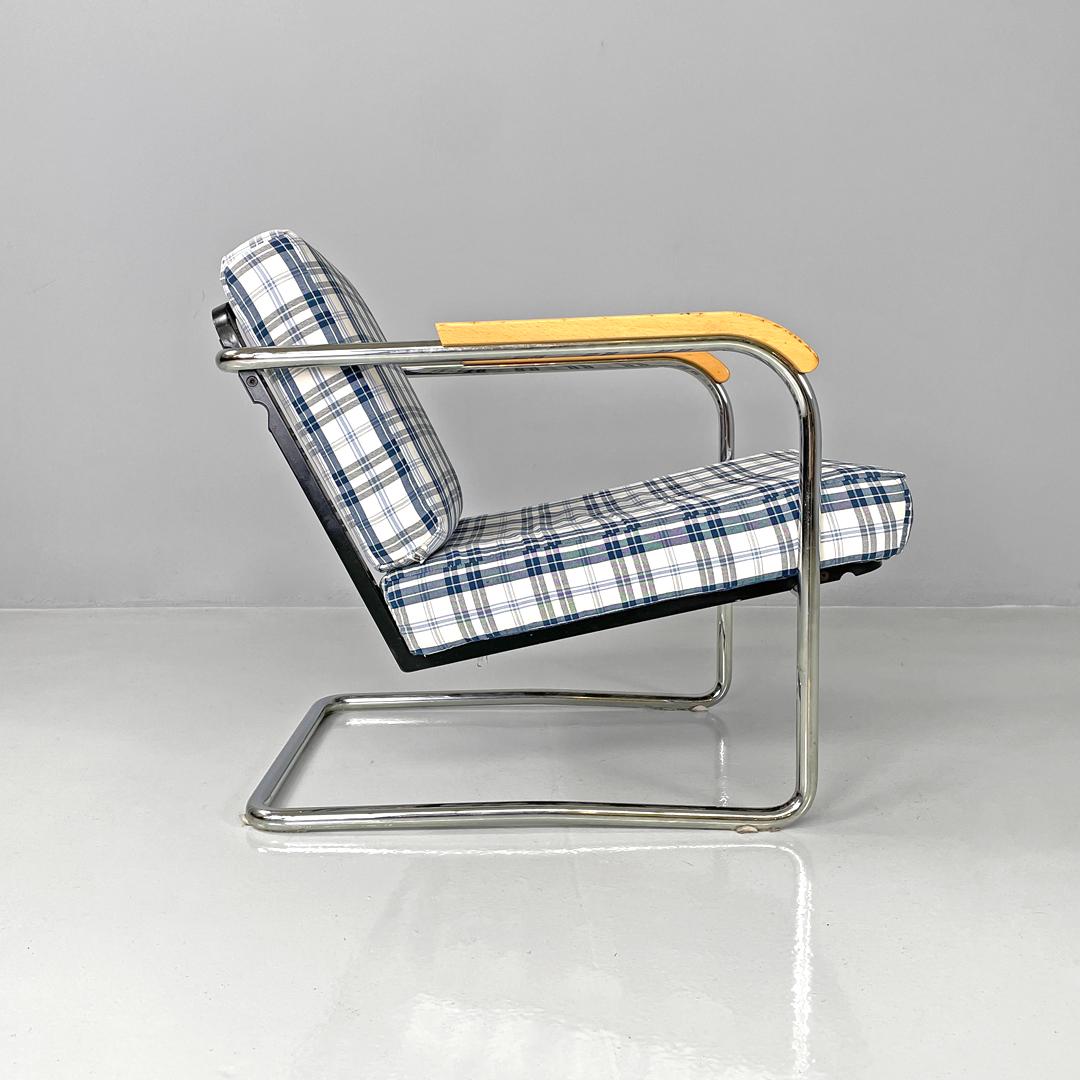 Metal Swiss blue tartan and white armchair 1435 by Werner Max Moser for Embru, 2000s For Sale