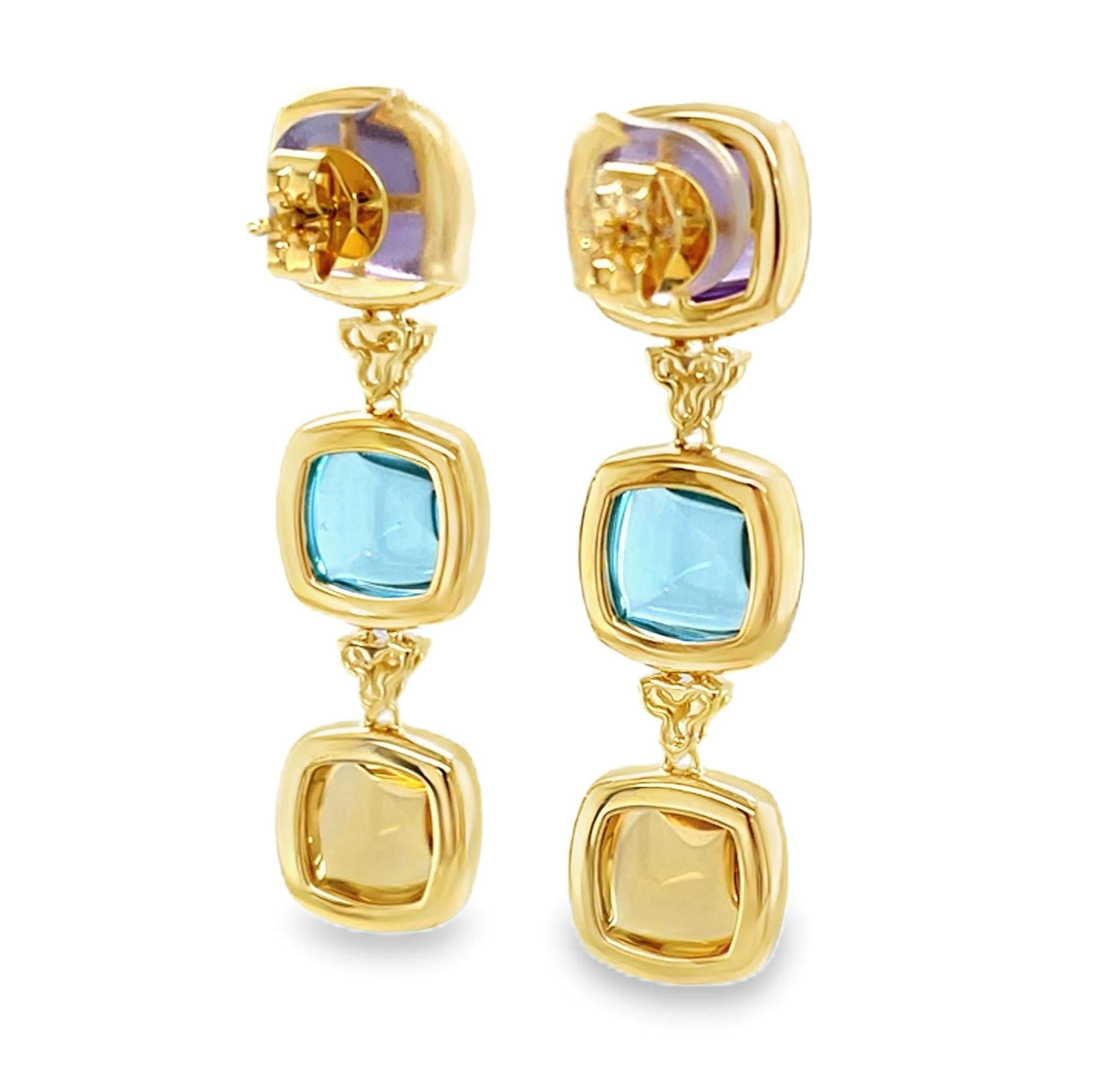 Artisan Swiss Blue Topaz, Amethyst and Citrine Sugarloaf Cabochon Earrings in 14k Gold For Sale