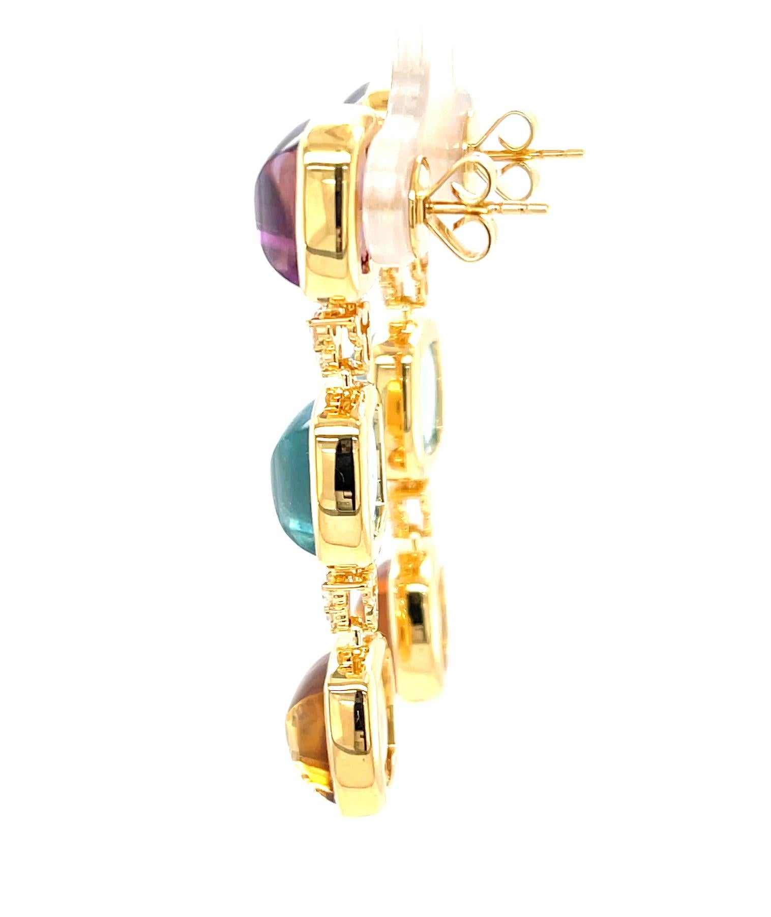 Swiss Blue Topaz, Amethyst and Citrine Sugarloaf Cabochon Earrings in 14k Gold In New Condition For Sale In Los Angeles, CA