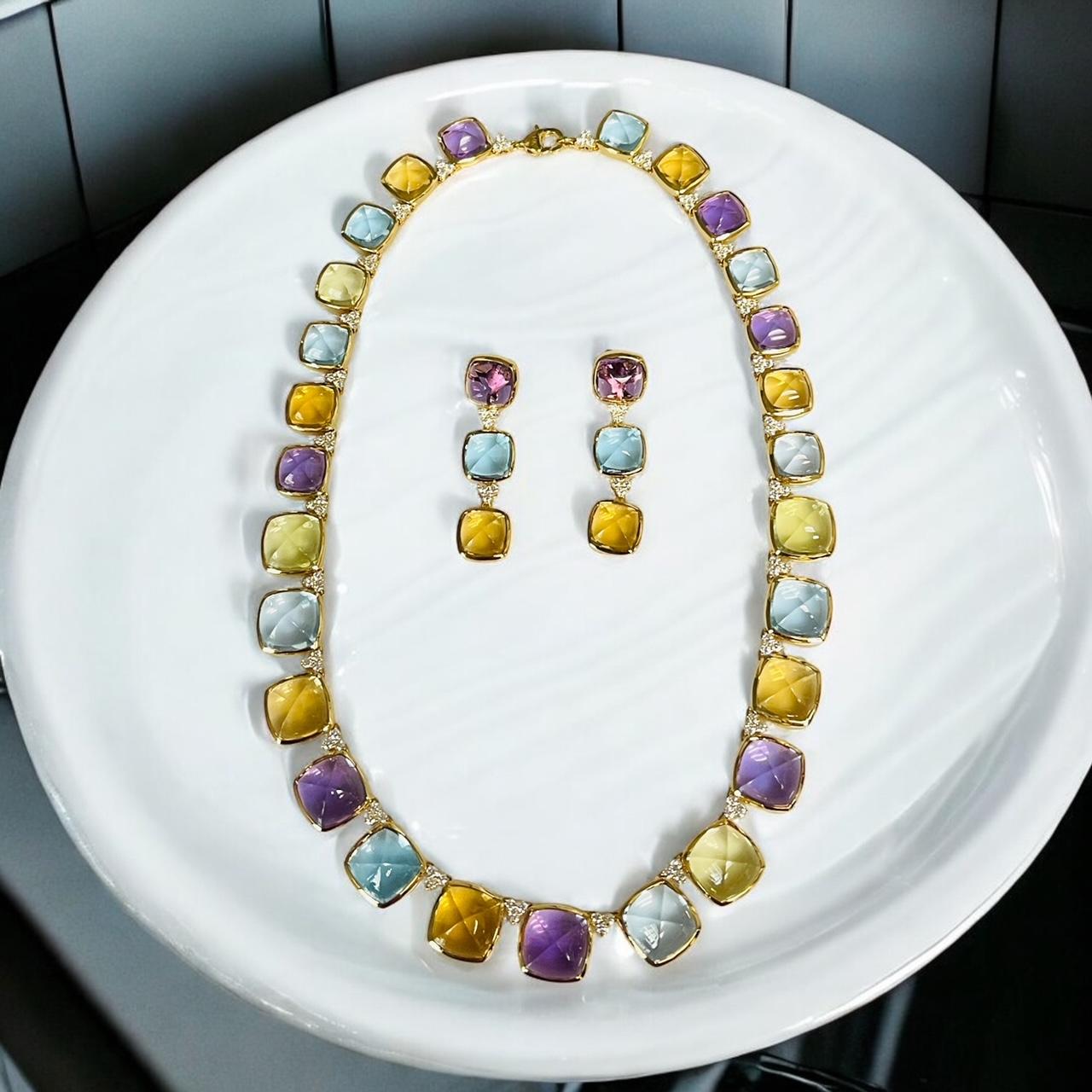 Women's Swiss Blue Topaz, Amethyst and Citrine Sugarloaf Cabochon Earrings in 14k Gold For Sale