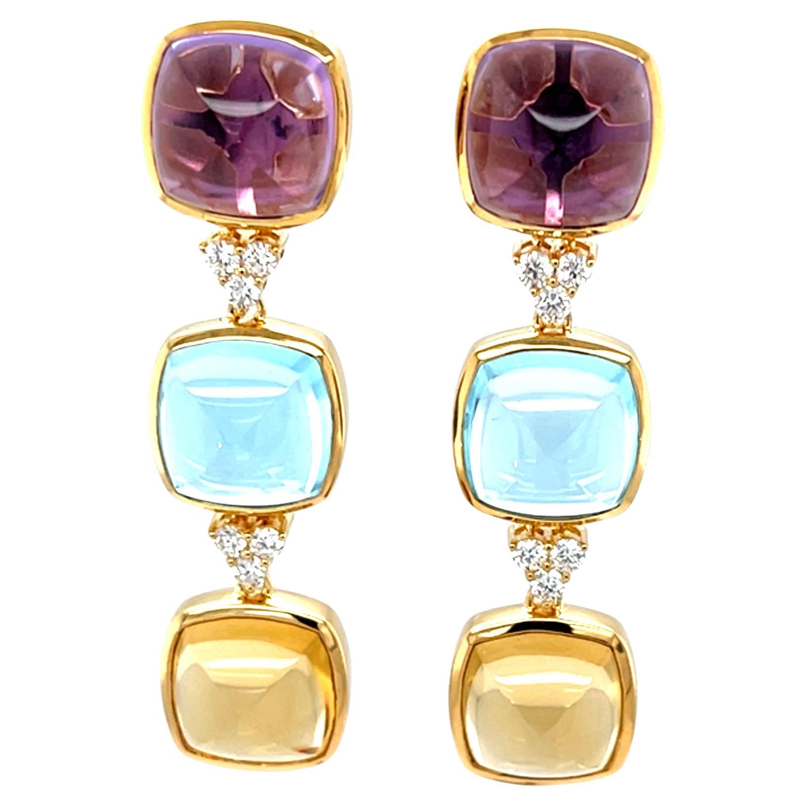 Pendientes de cabujón suizo de topacio azul, amatista y citrino en oro de 14k
