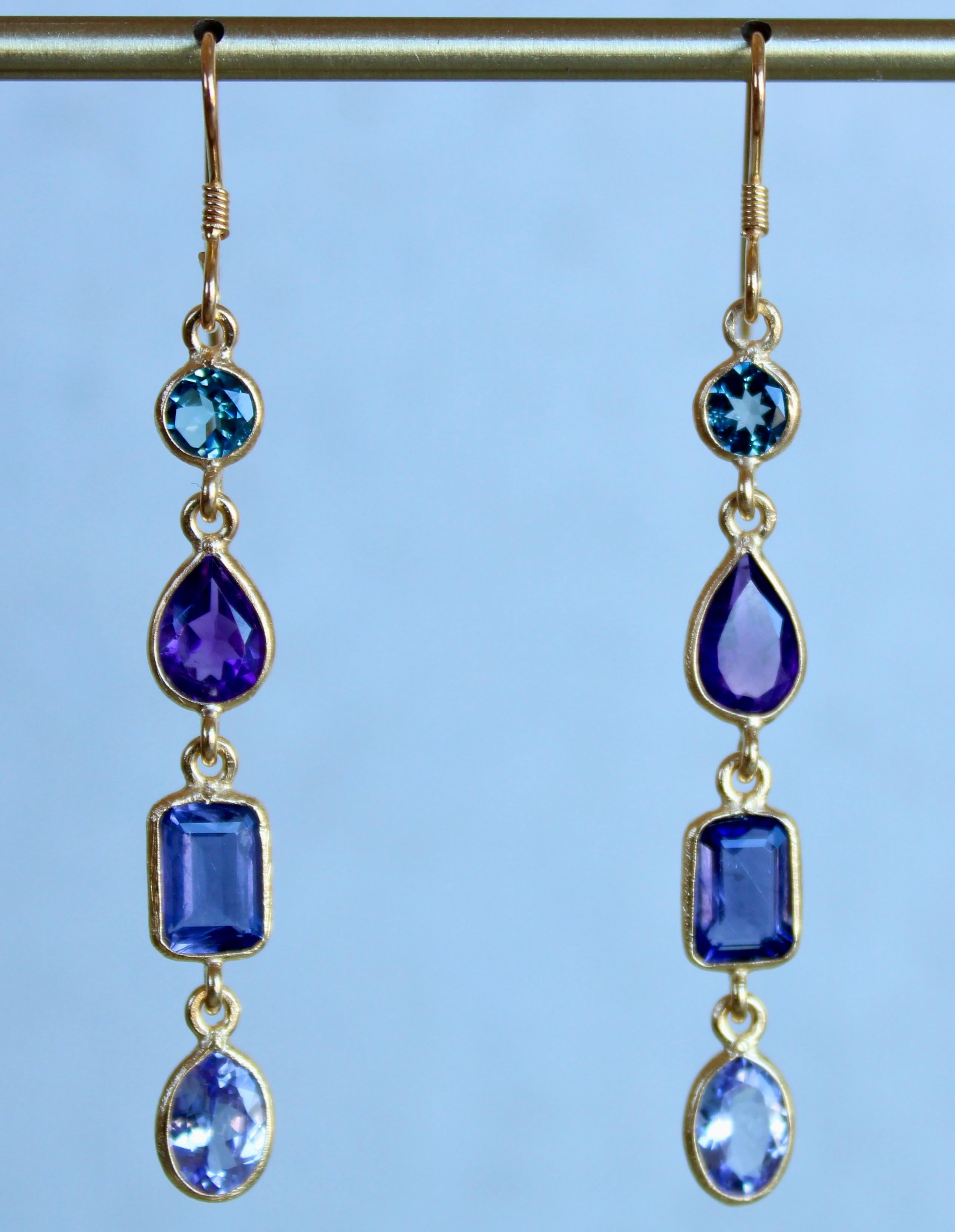 Modern Swiss Blue Topaz, Amethyst, Iolite, & Tanzanite 14K Gold Four Stone Earrings  For Sale