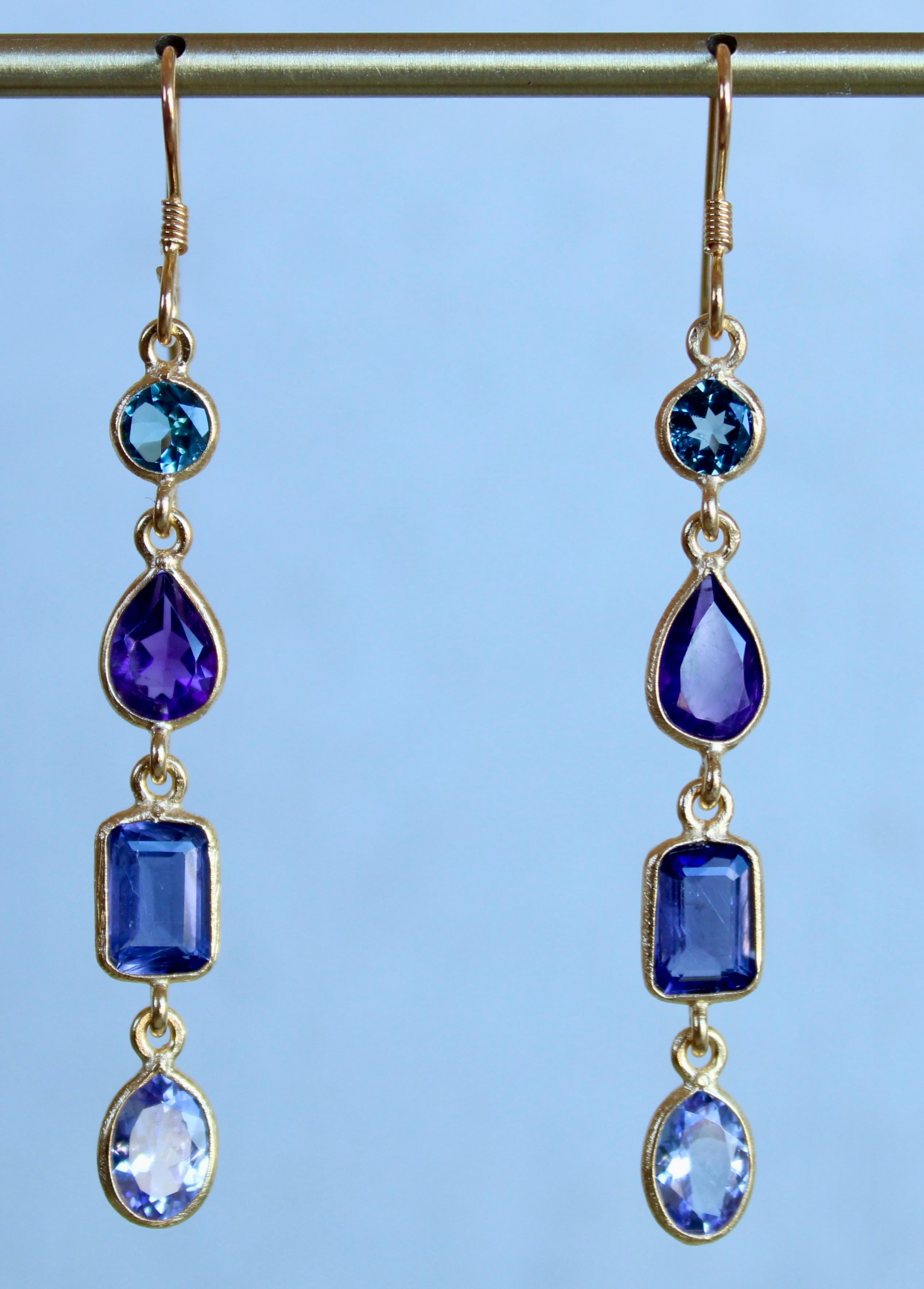 Pear Cut Swiss Blue Topaz, Amethyst, Iolite, & Tanzanite 14K Gold Four Stone Earrings  For Sale