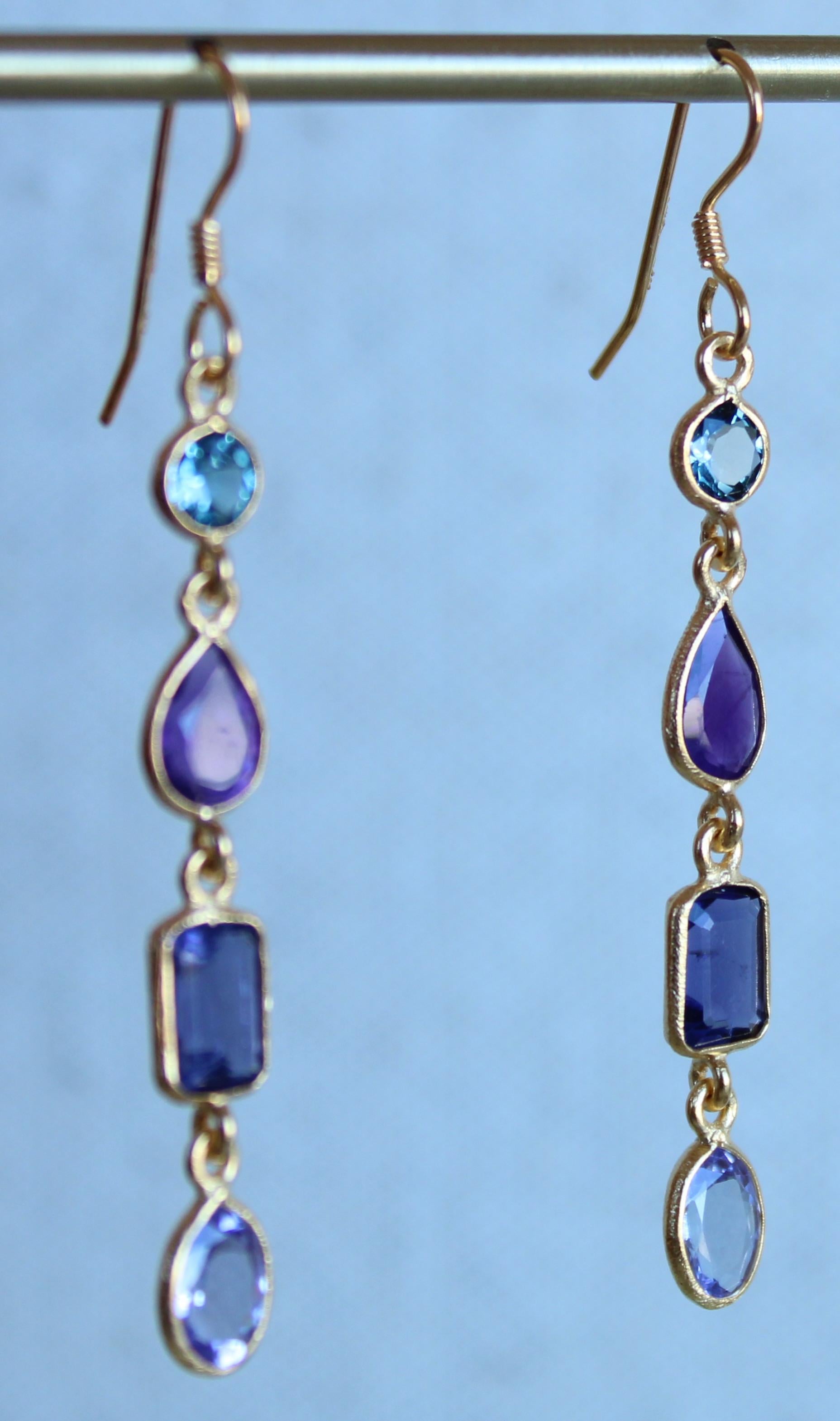 Swiss Blue Topaz, Amethyst, Iolite, & Tanzanite 14K Gold Four Stone Earrings  In New Condition For Sale In Amagansett, NY