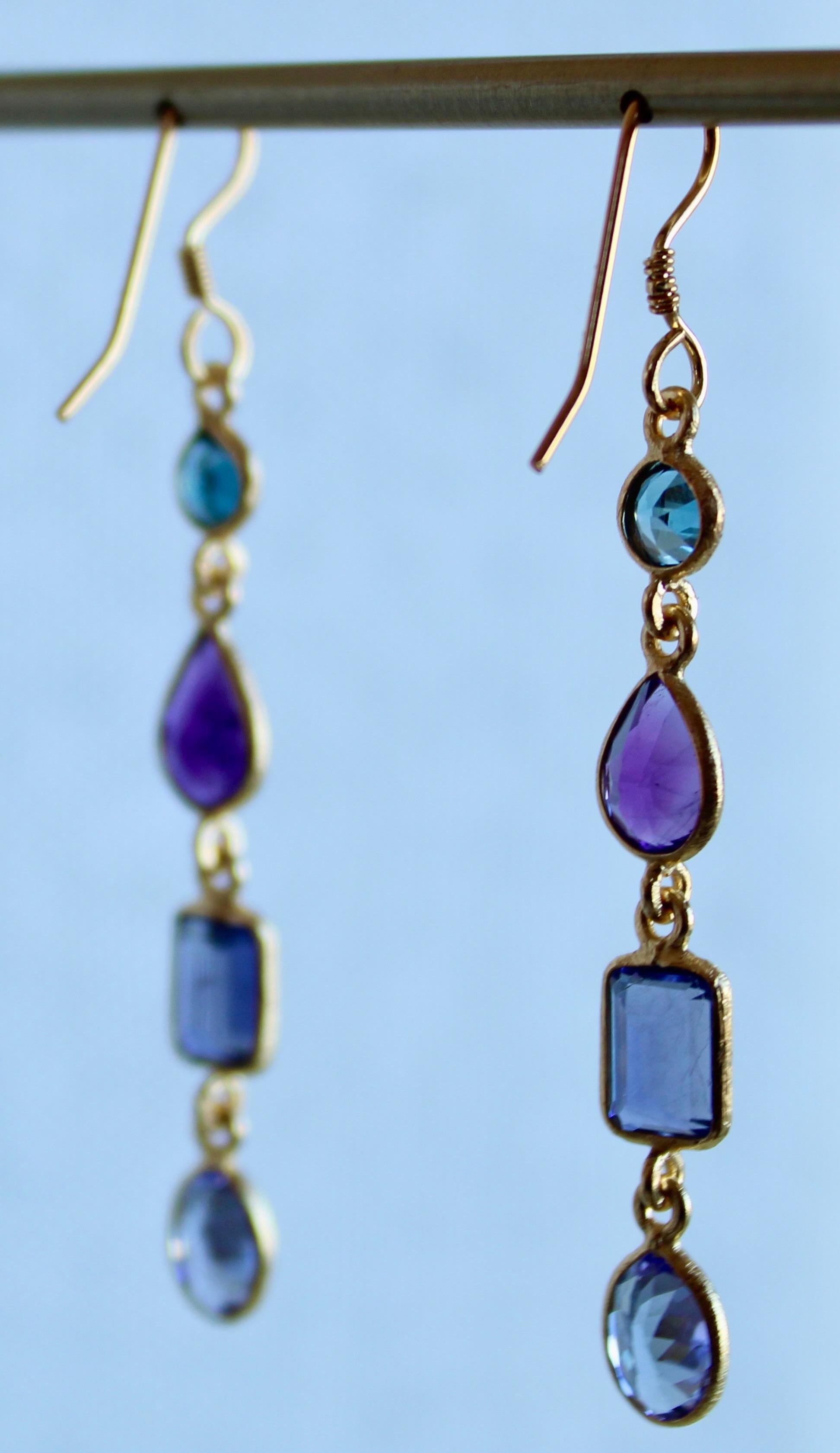 Women's Swiss Blue Topaz, Amethyst, Iolite, & Tanzanite 14K Gold Four Stone Earrings  For Sale