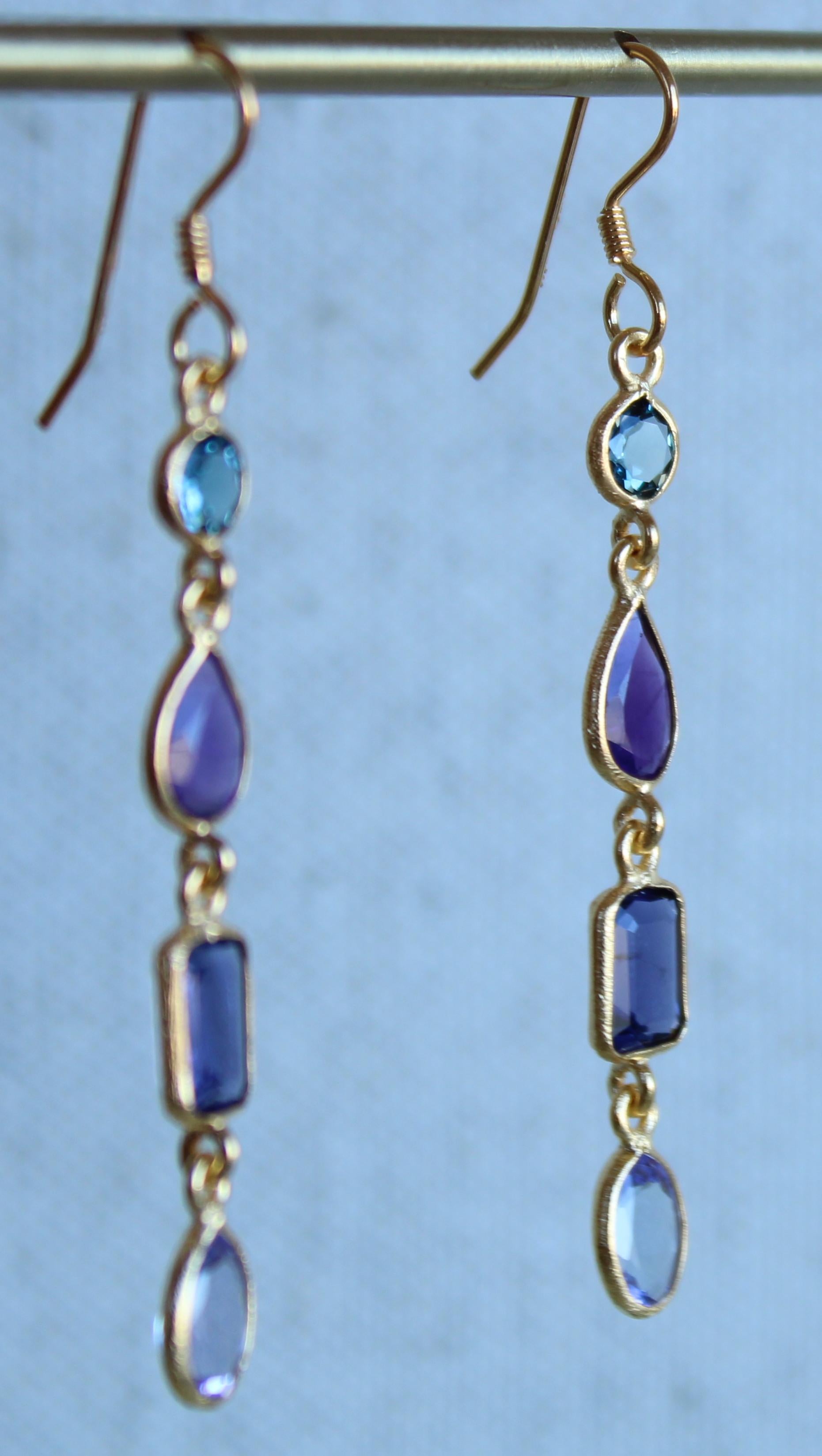 Swiss Blue Topaz, Amethyst, Iolite, & Tanzanite 14K Gold Four Stone Earrings  For Sale 1