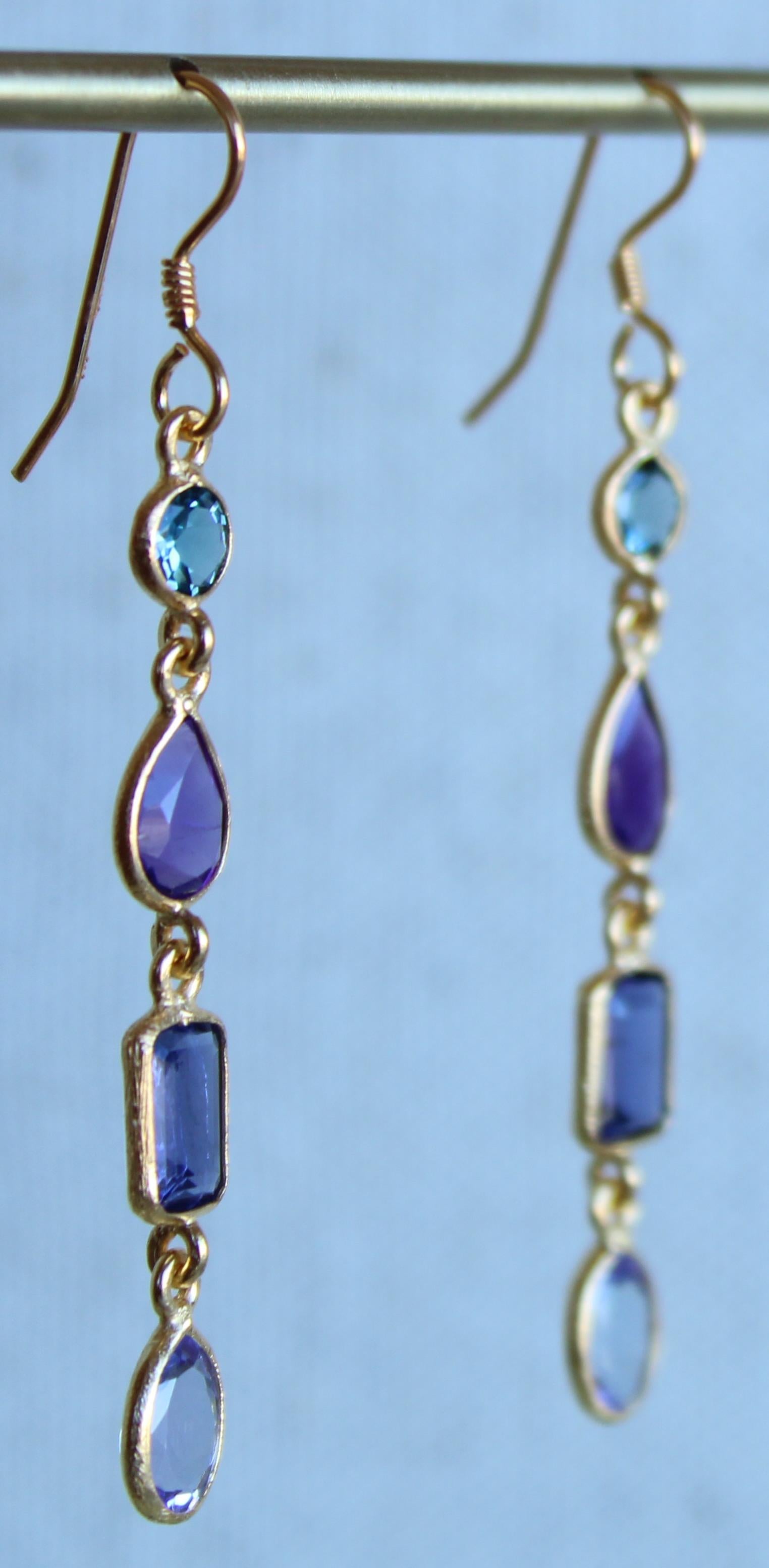 Swiss Blue Topaz, Amethyst, Iolite, & Tanzanite 14K Gold Four Stone Earrings  For Sale 2