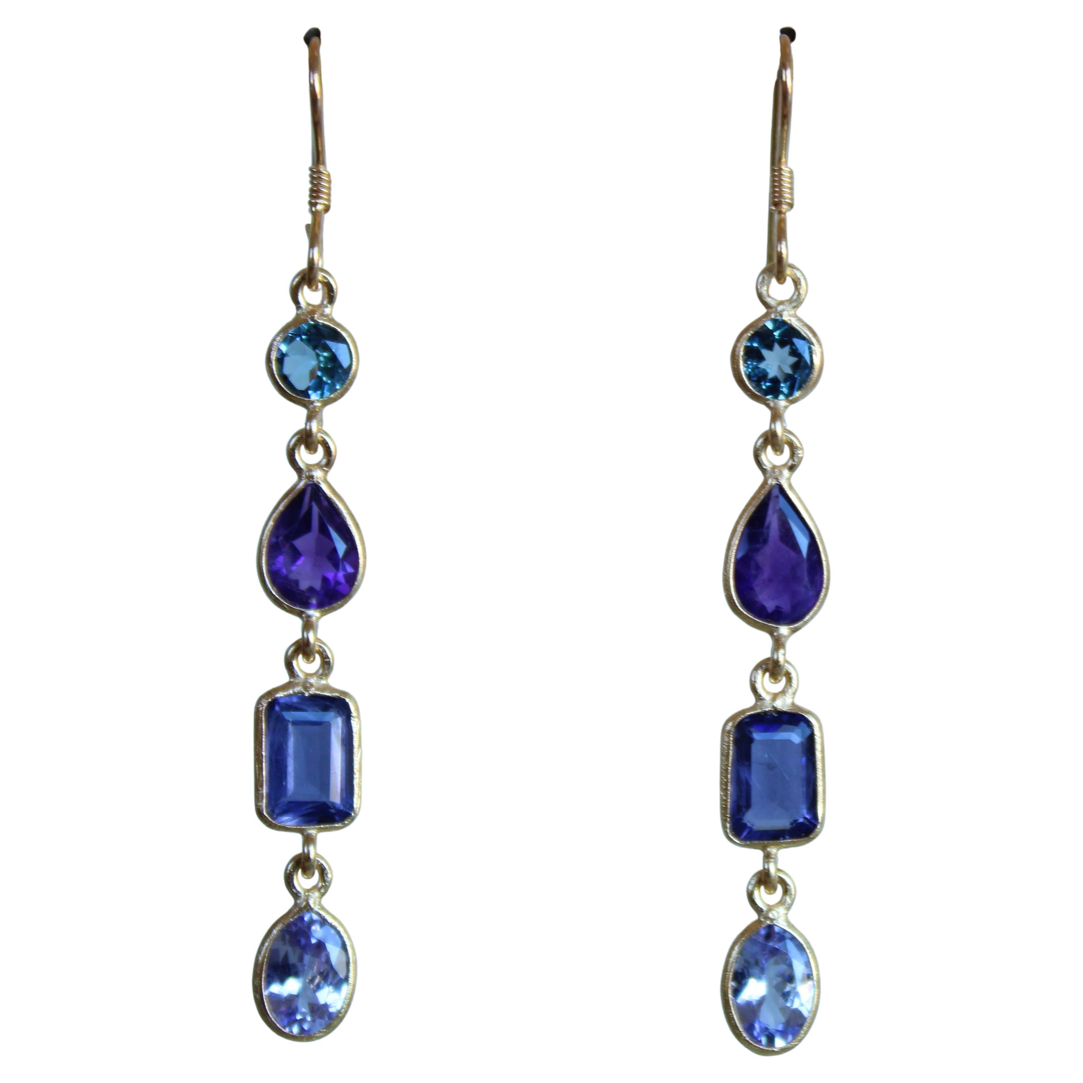 Swiss Blue Topaz, Amethyst, Iolite, & Tanzanite 14K Gold Four Stone Earrings  For Sale