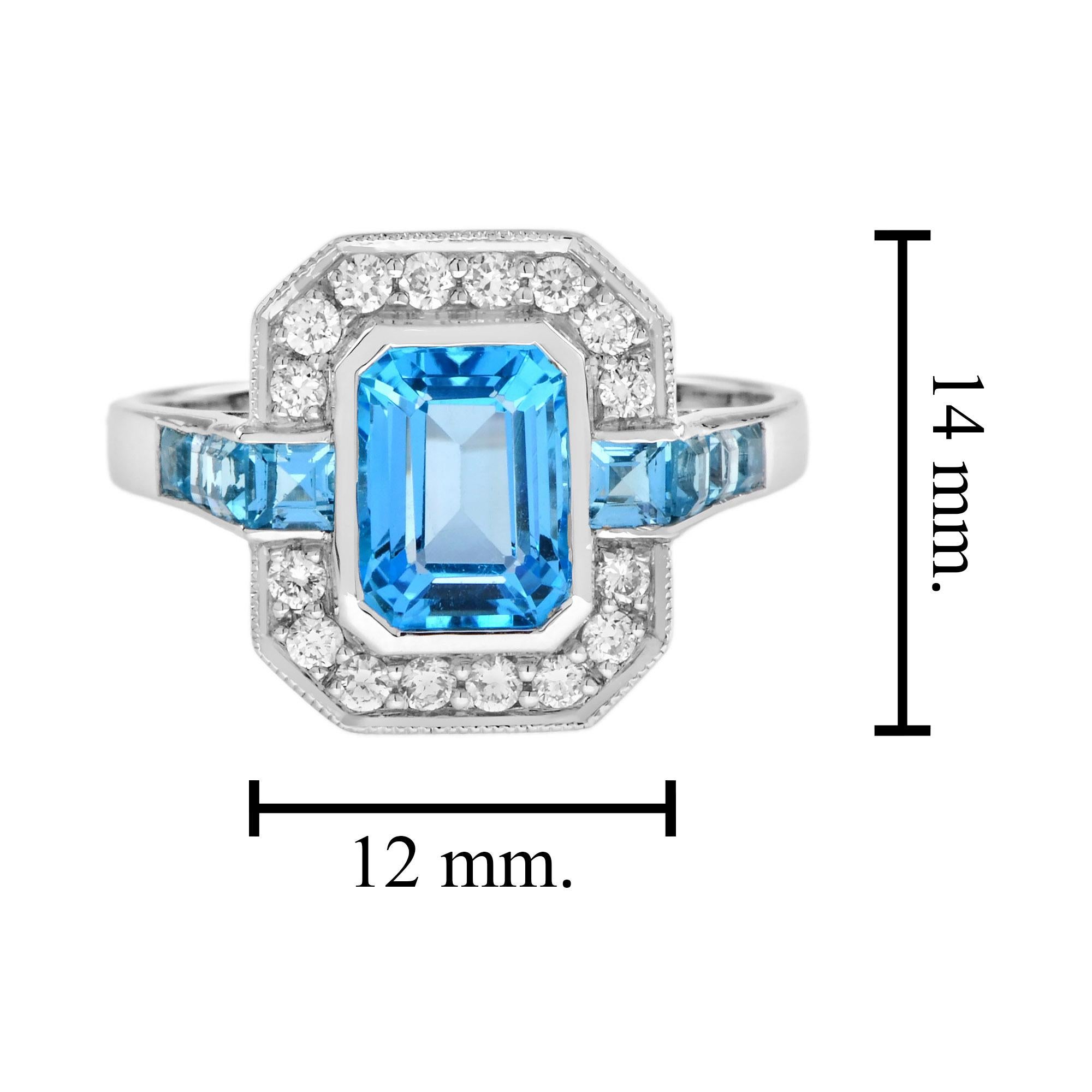 Bague de fiançailles de style Art déco en or blanc 14 carats, topaze bleue suisse et diamant en vente 2