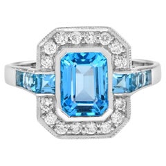 Swiss Blue Topaz and Diamond Art Deco Style Engagement Ring in 14K White Gold