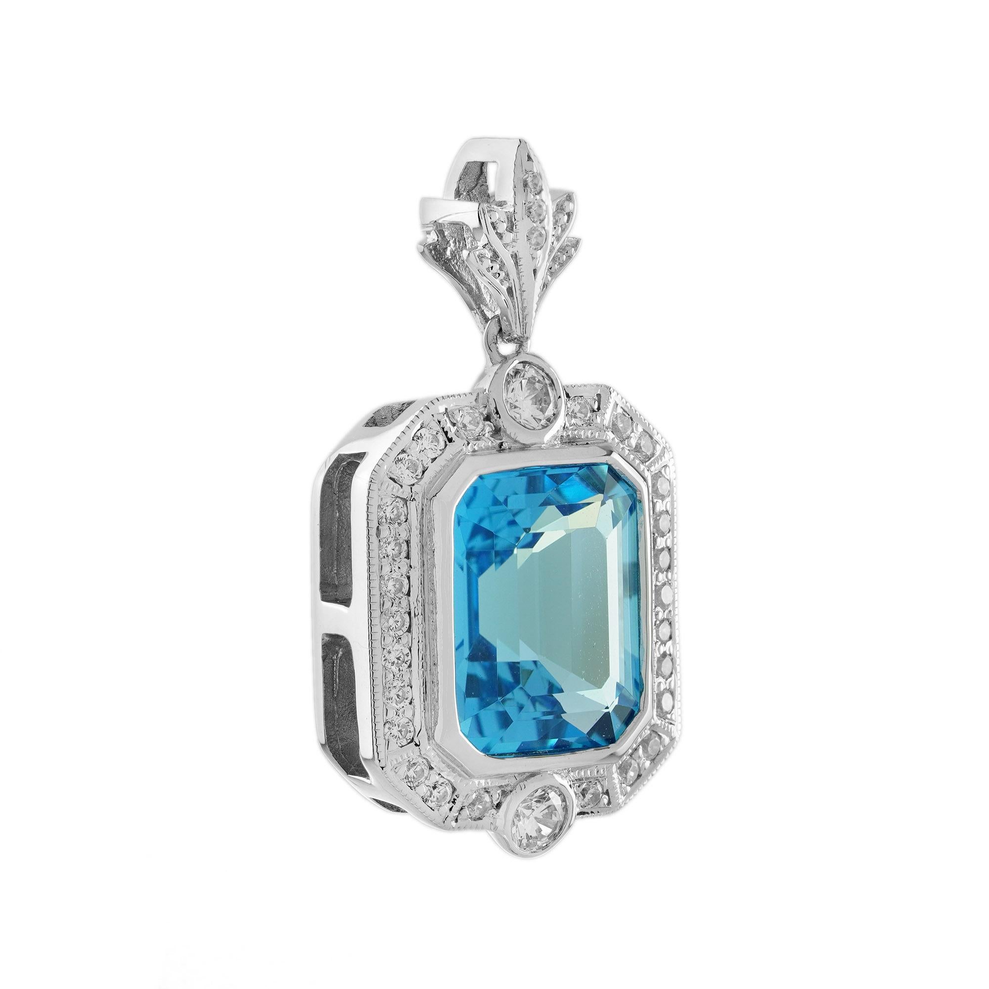 Emerald Cut Swiss Blue Topaz and Diamond Halo Art Deco Style Pendant in 14K White Gold For Sale