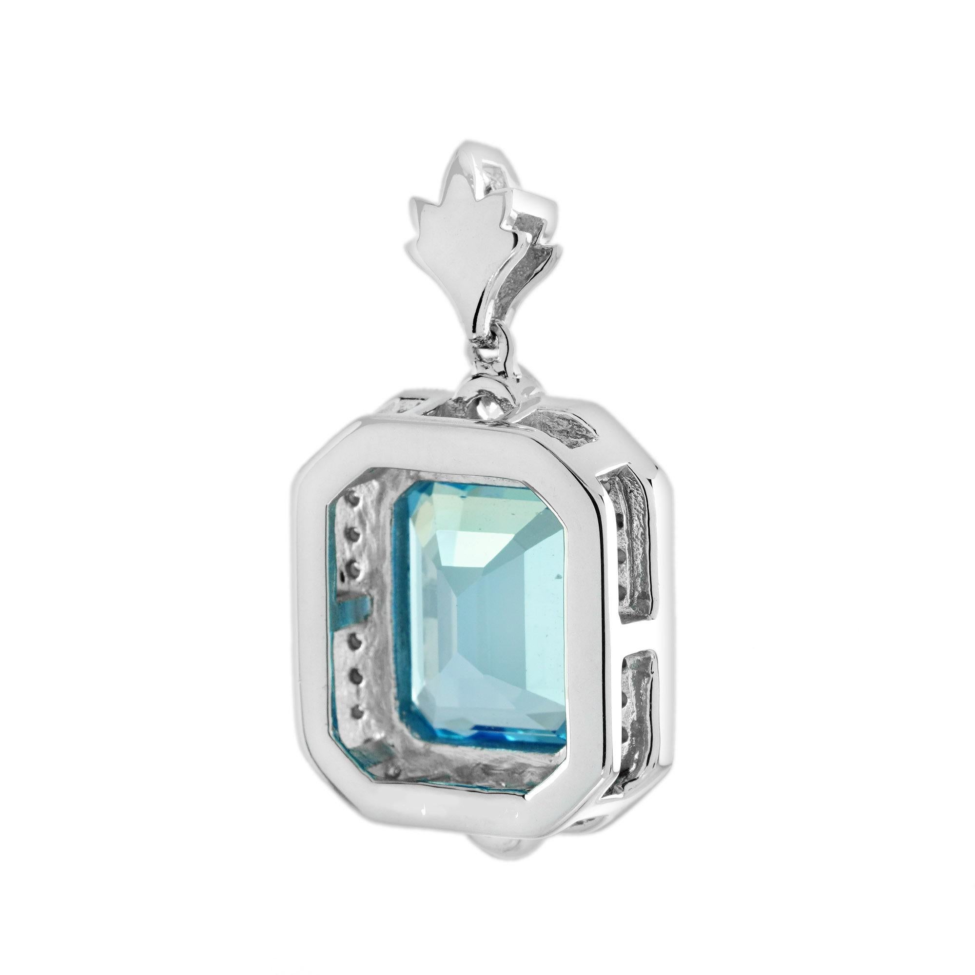 Swiss Blue Topaz and Diamond Halo Art Deco Style Pendant in 14K White Gold In New Condition For Sale In Bangkok, TH