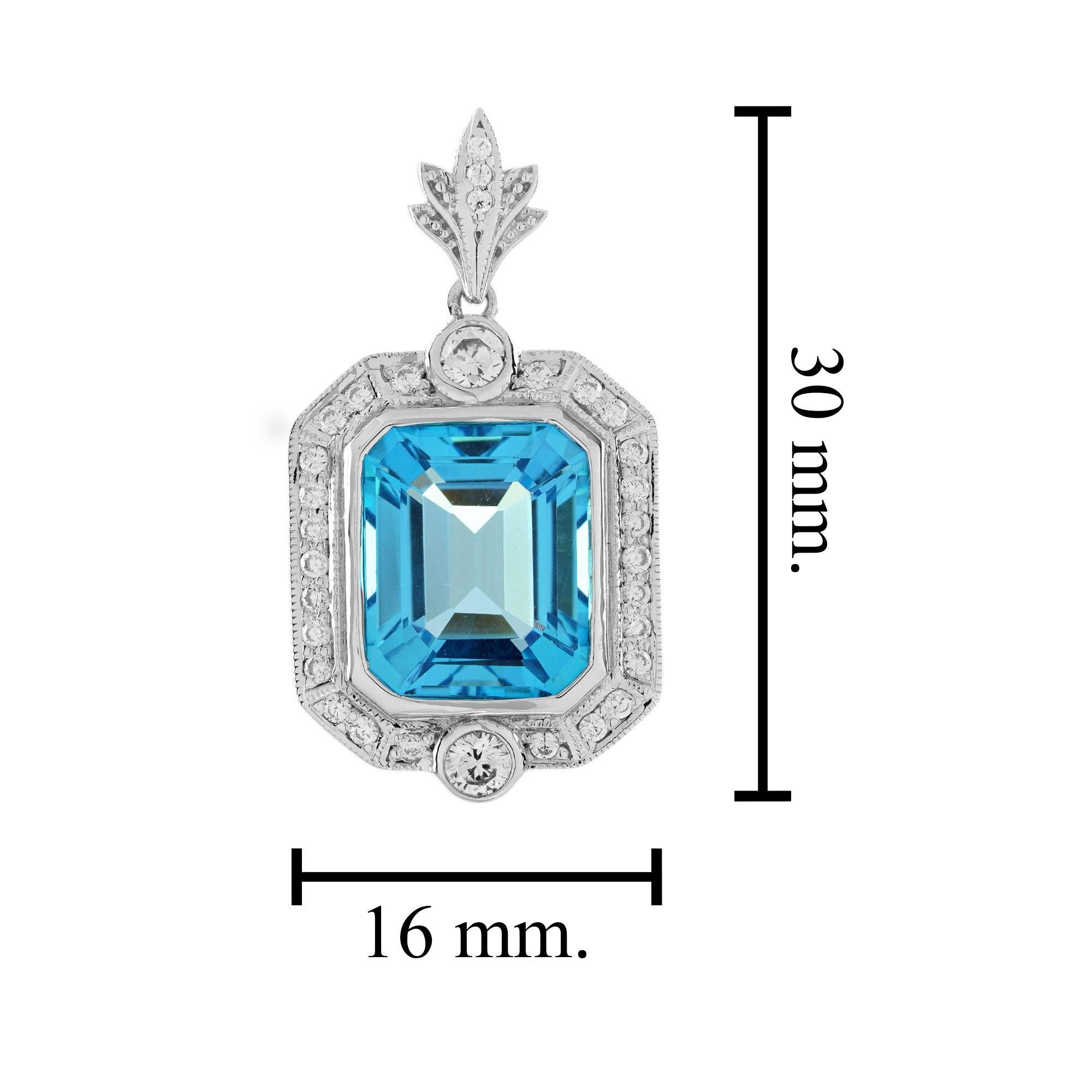 Women's Swiss Blue Topaz and Diamond Halo Art Deco Style Pendant in 14K White Gold For Sale
