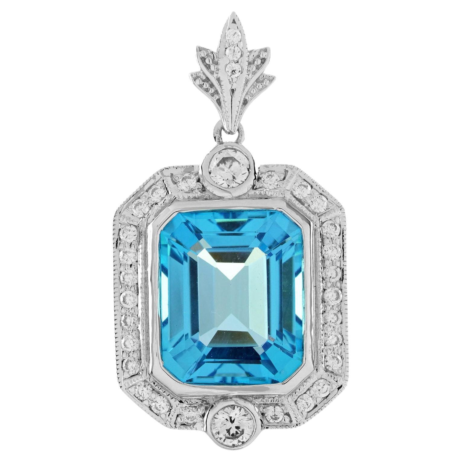 Swiss Blue Topaz and Diamond Halo Art Deco Style Pendant in 14K White Gold