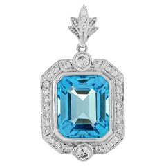 Swiss Blue Topaz and Diamond Halo Art Deco Style Pendant in 14K White Gold