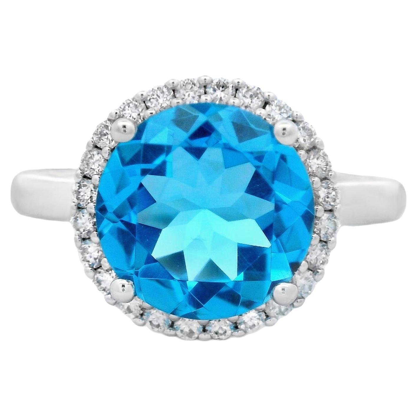 Bague halo en or blanc 14K avec topaze bleue et diamant 3.90ct Taille 7 en vente