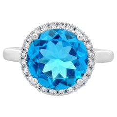Bague halo en or blanc 14K avec topaze bleue et diamant 3.90ct Taille 7
