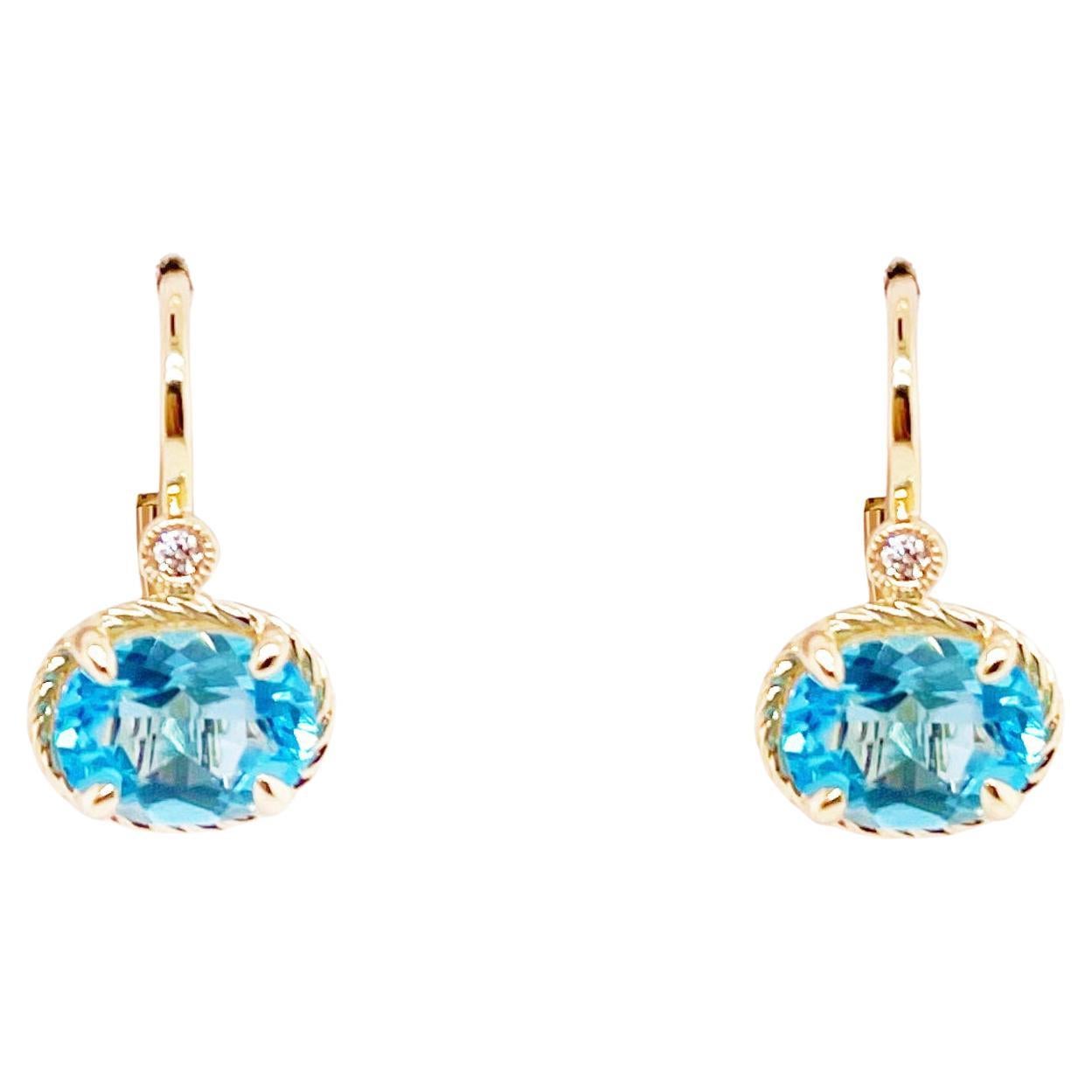 Swiss Blue Topaz and Diamond Leverback Earrings in 14K Yellow Gold For Sale