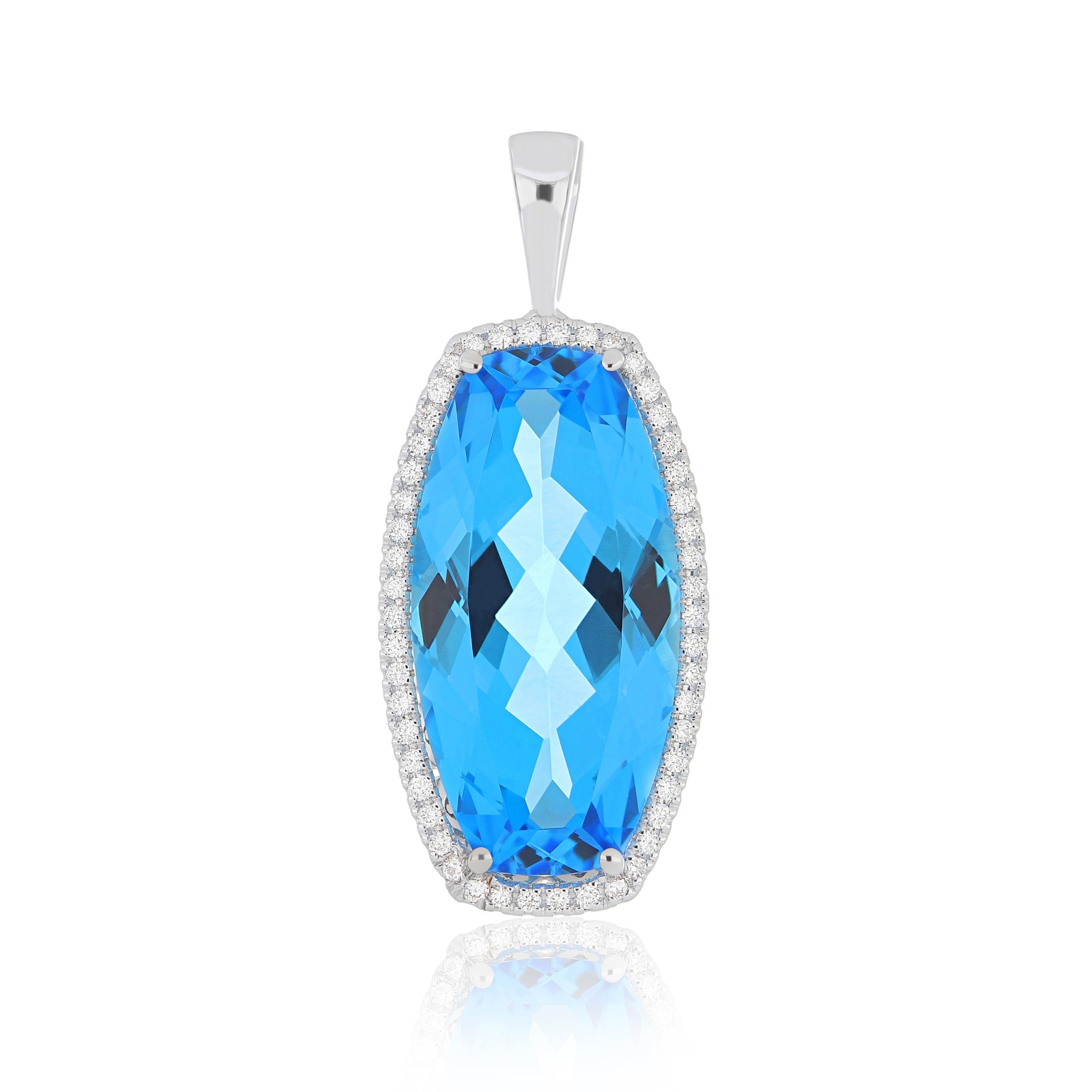 Swiss Blue Topaz and Diamond Pendant, Earring Set in 18k Whtie Gold For Sale 5