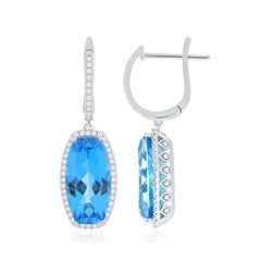 Swiss Blue Topaz and Diamond Pendant, Earring Set in 18k Whtie Gold