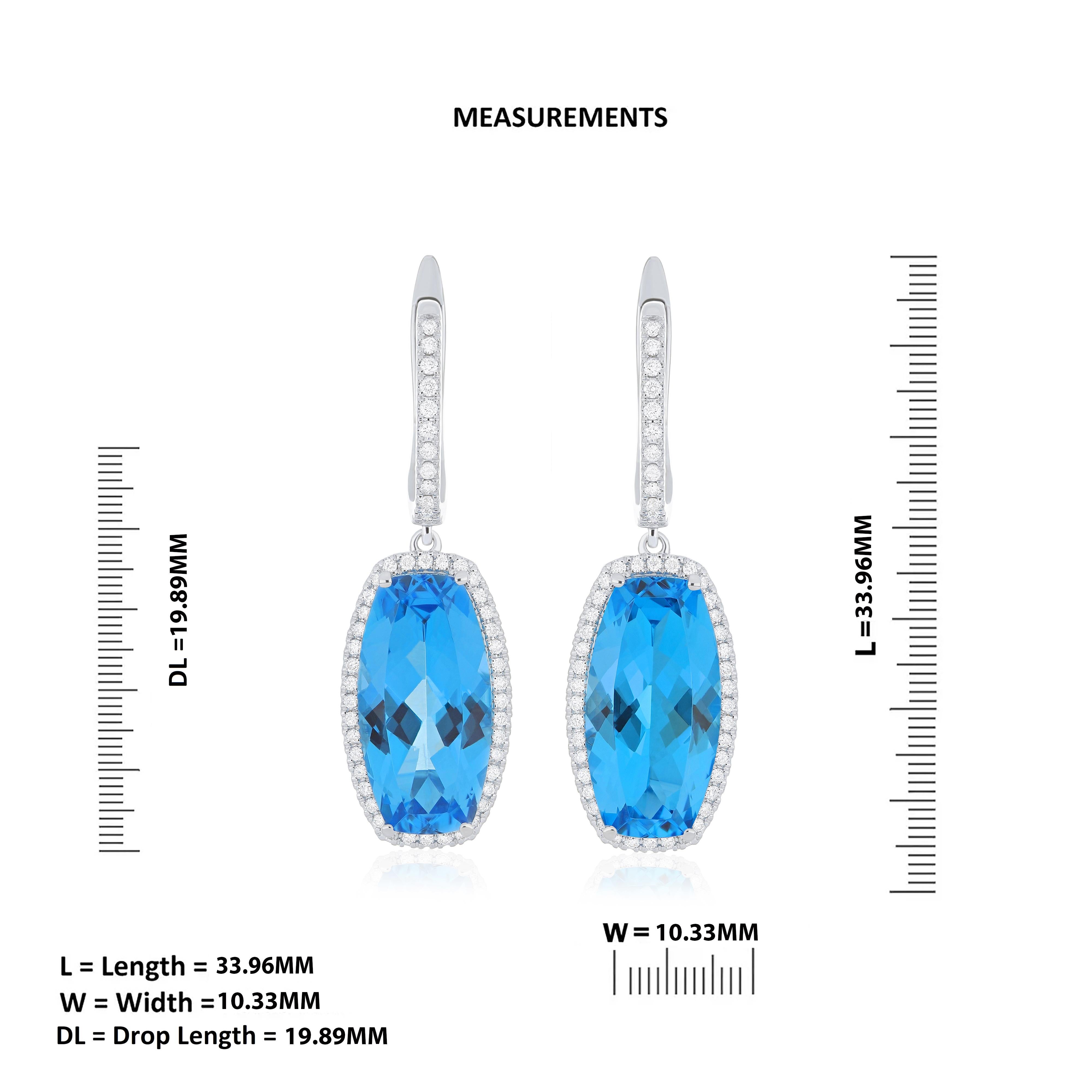 Antique Cushion Cut Swiss Blue Topaz and Diamond Pendant, Earring Set in 18k Whtie Gold For Sale