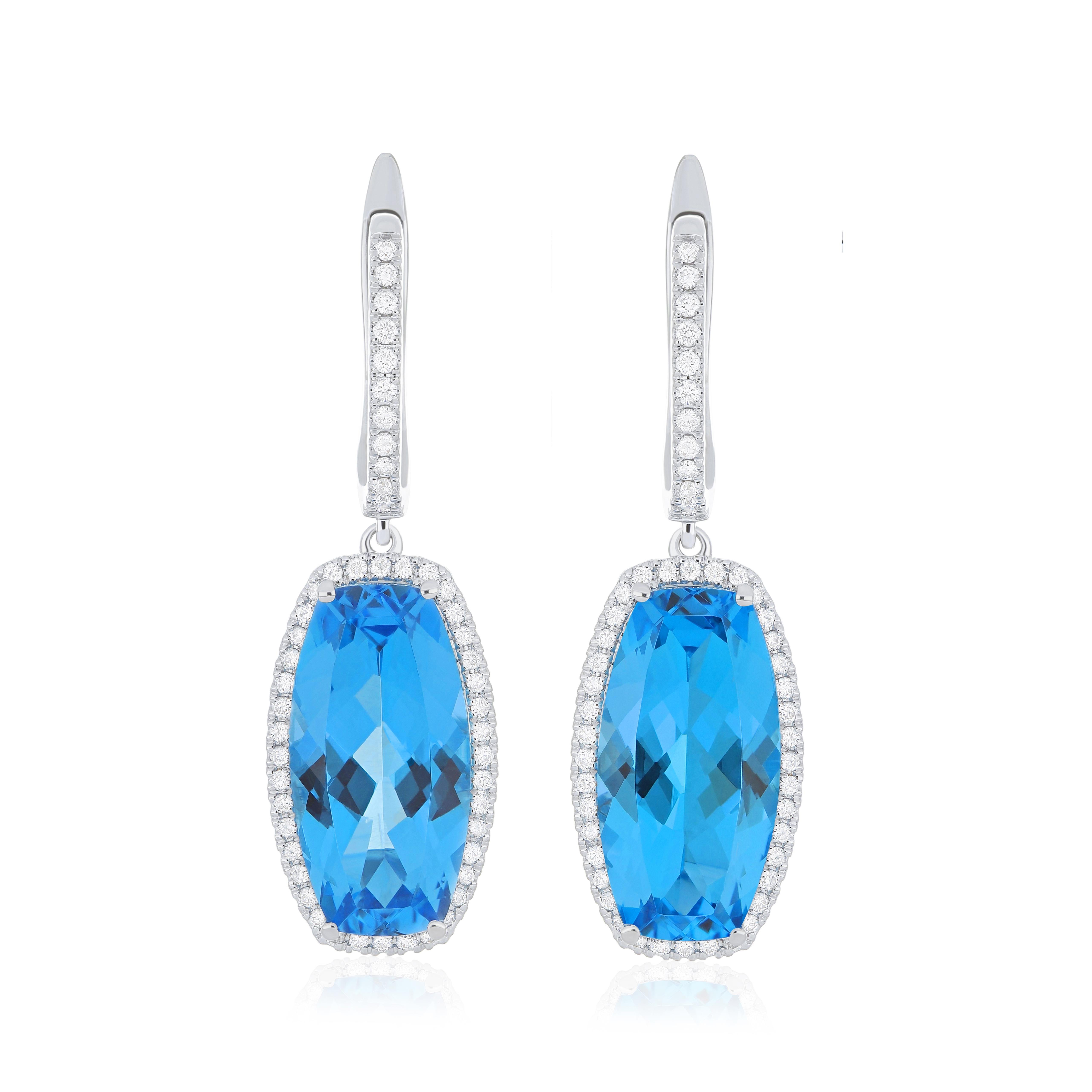Swiss Blue Topaz and Diamond Pendant, Earring Set in 18k Whtie Gold In New Condition For Sale In JAIPUR, IN