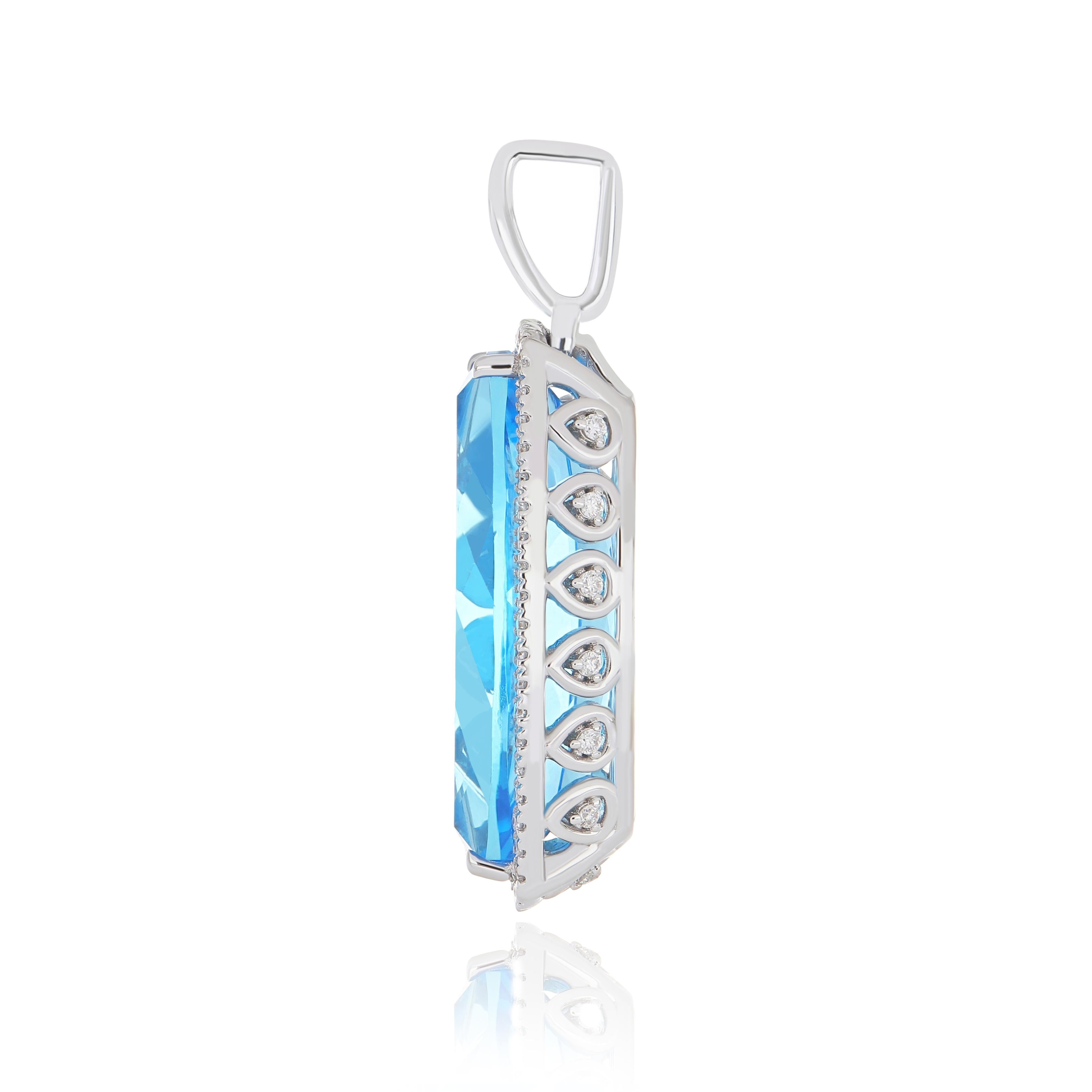 Swiss Blue Topaz and Diamond Pendant, Earring Set in 18k Whtie Gold For Sale 1