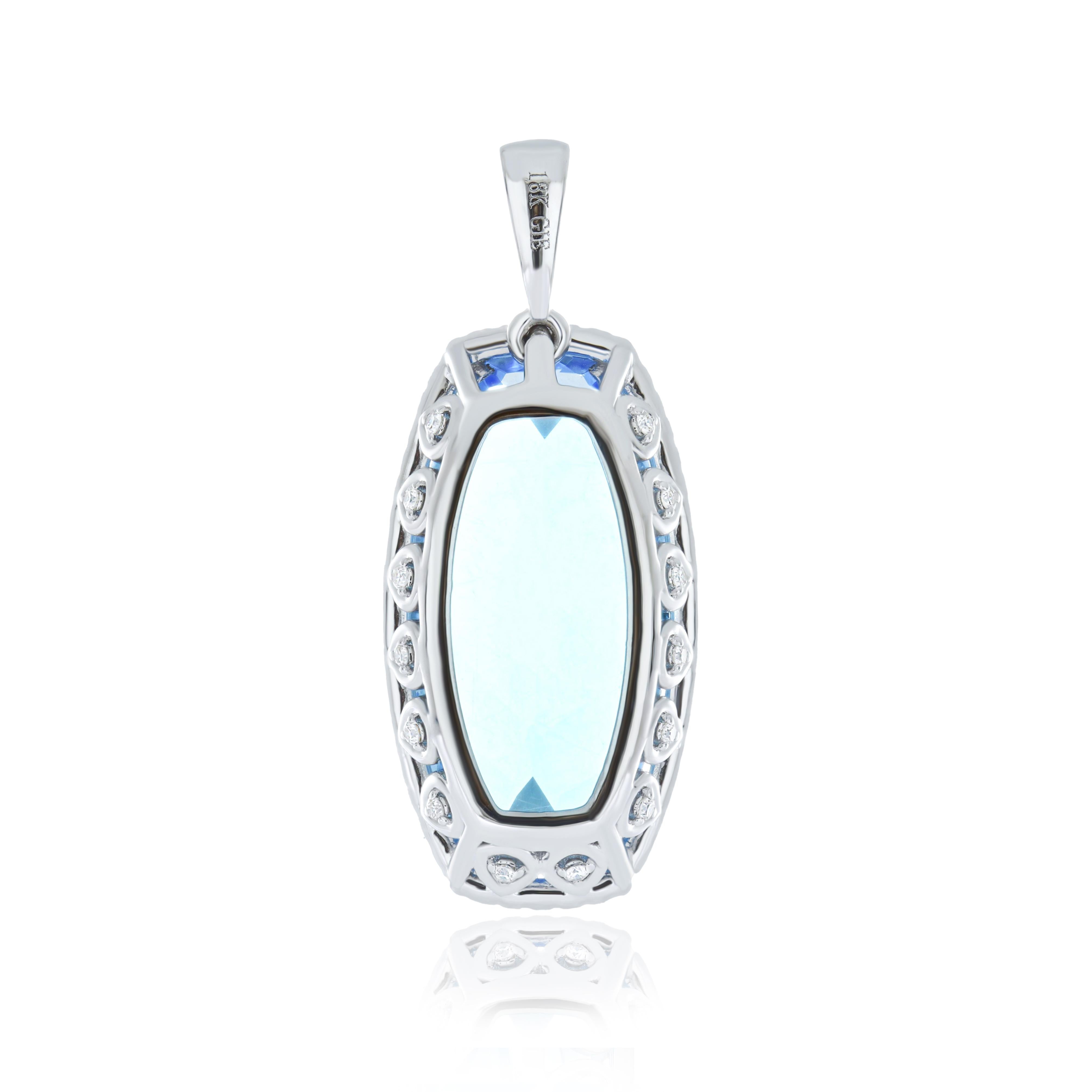 Swiss Blue Topaz and Diamond Pendant, Earring Set in 18k Whtie Gold For Sale 3