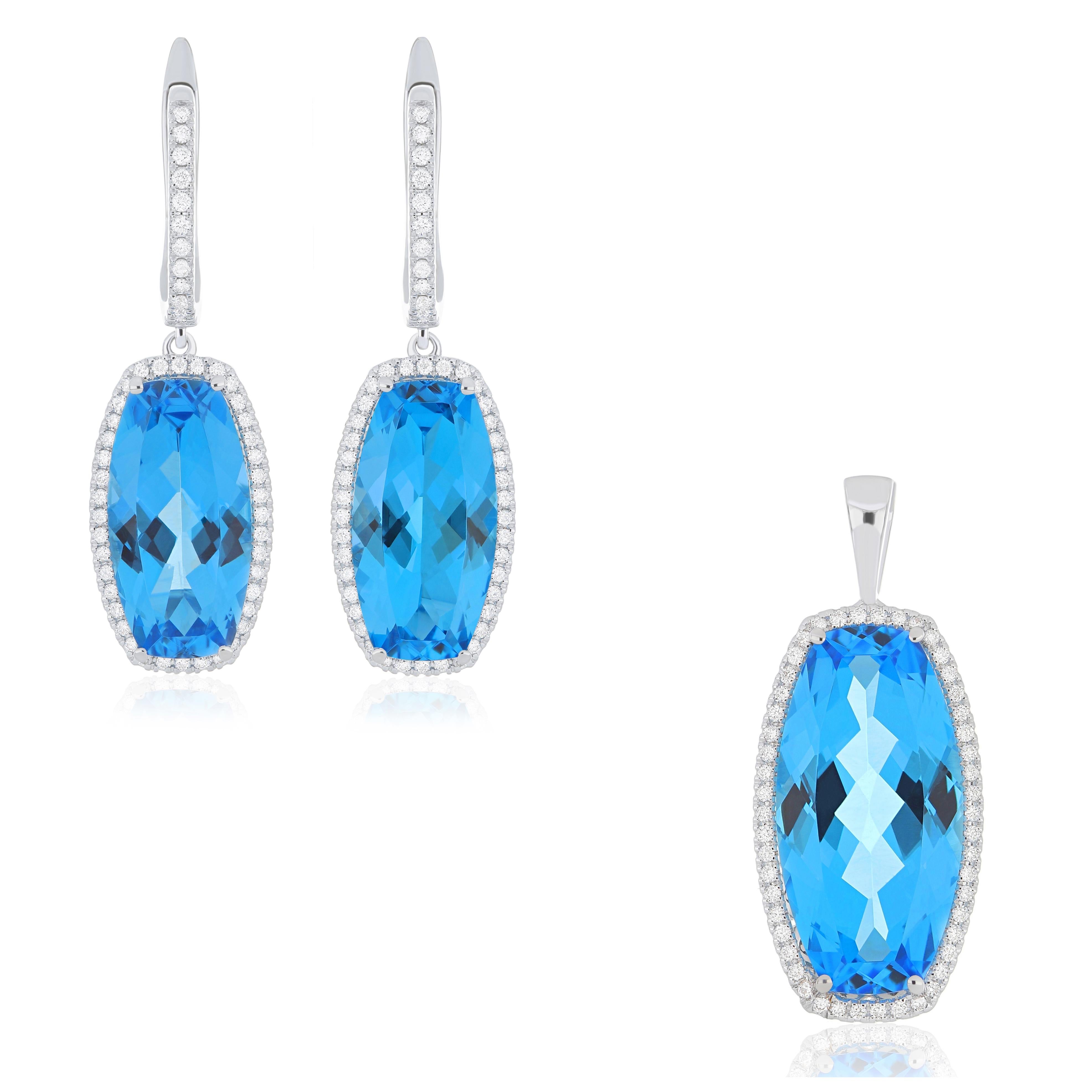 Swiss Blue Topaz and Diamond Pendant, Earring Set in 18k Whtie Gold For Sale 4
