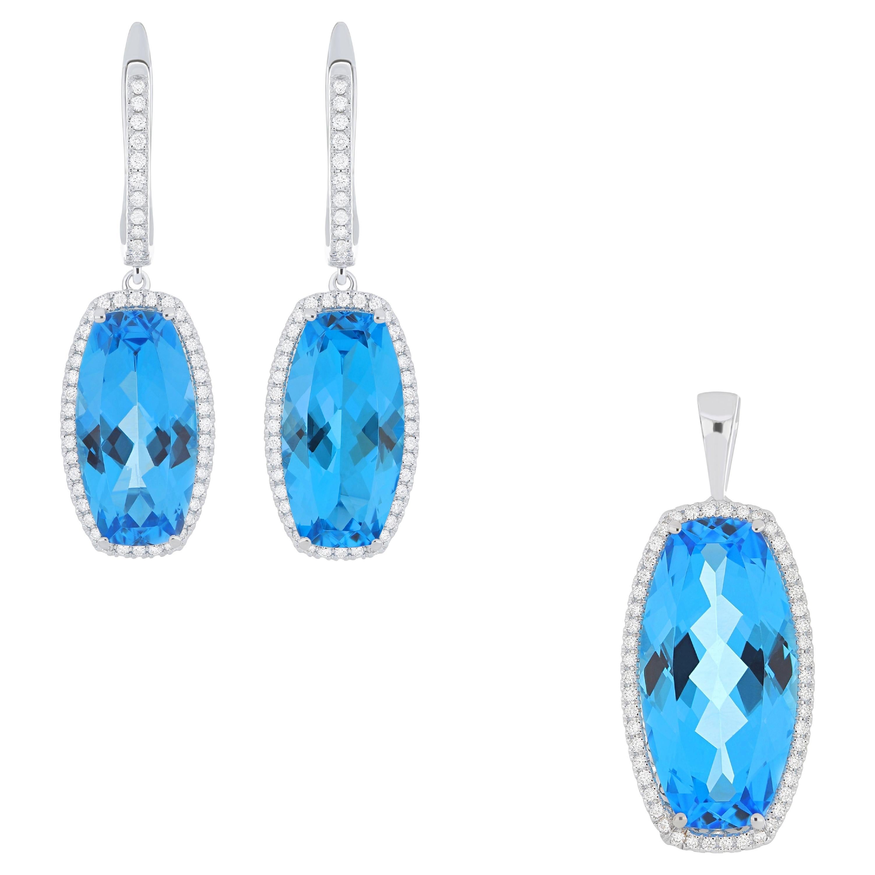 Swiss Blue Topaz and Diamond Pendant, Earring Set in 18k Whtie Gold
