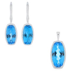 Swiss Blue Topaz and Diamond Pendant, Earring Set in 18k Whtie Gold