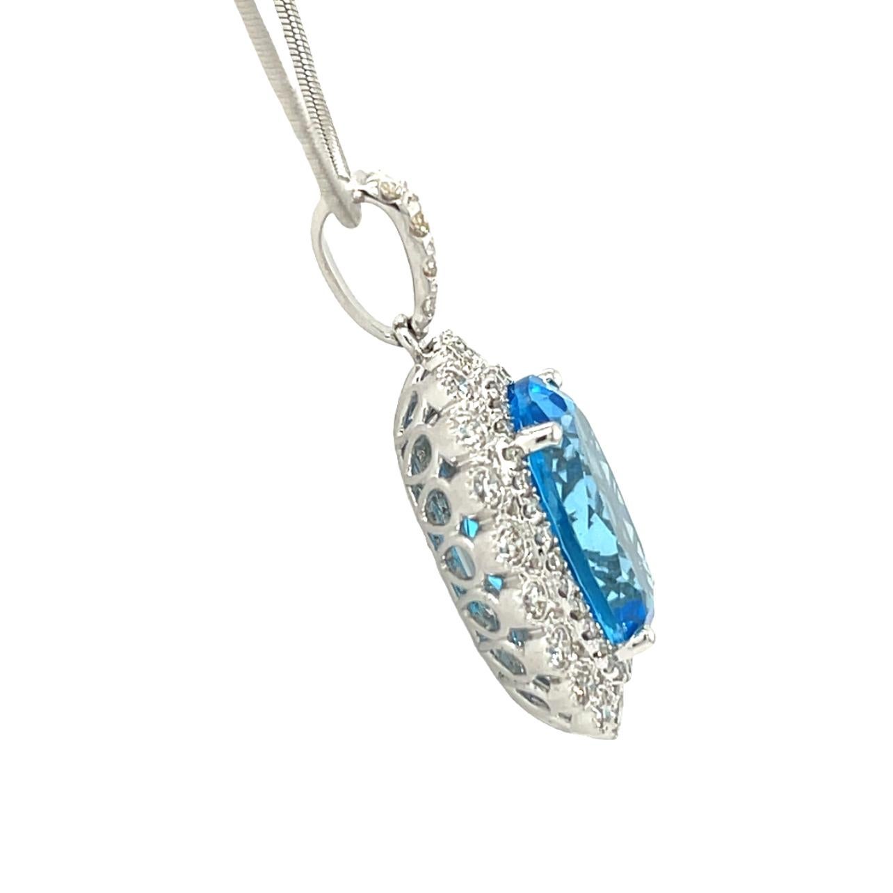 Swiss Blue Topaz and Diamond Pendant in 14K White Gold In New Condition For Sale In New York, NY