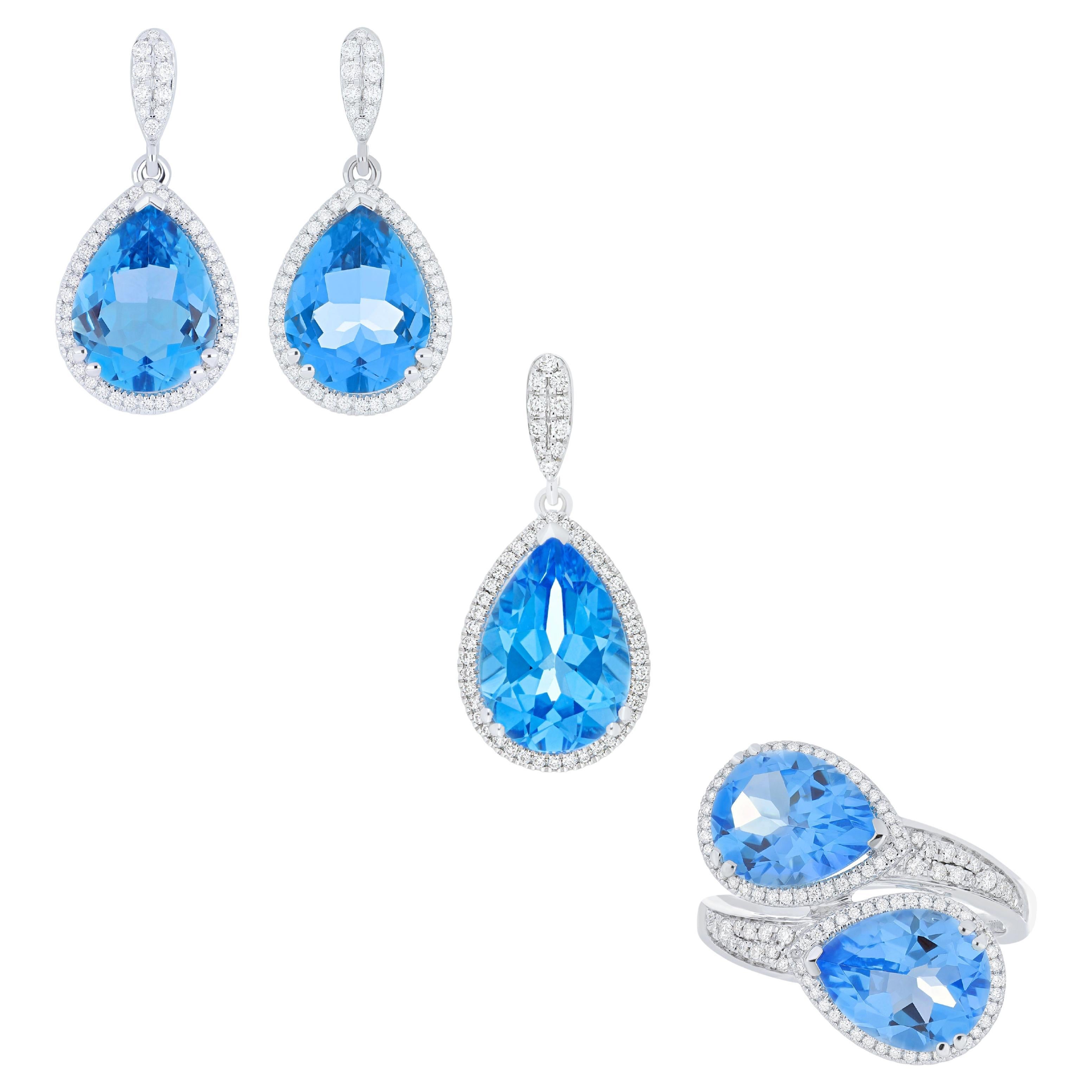 Swiss Blue Topaz and Diamond Ring, Earring and Pendant Set in 18K White Gold