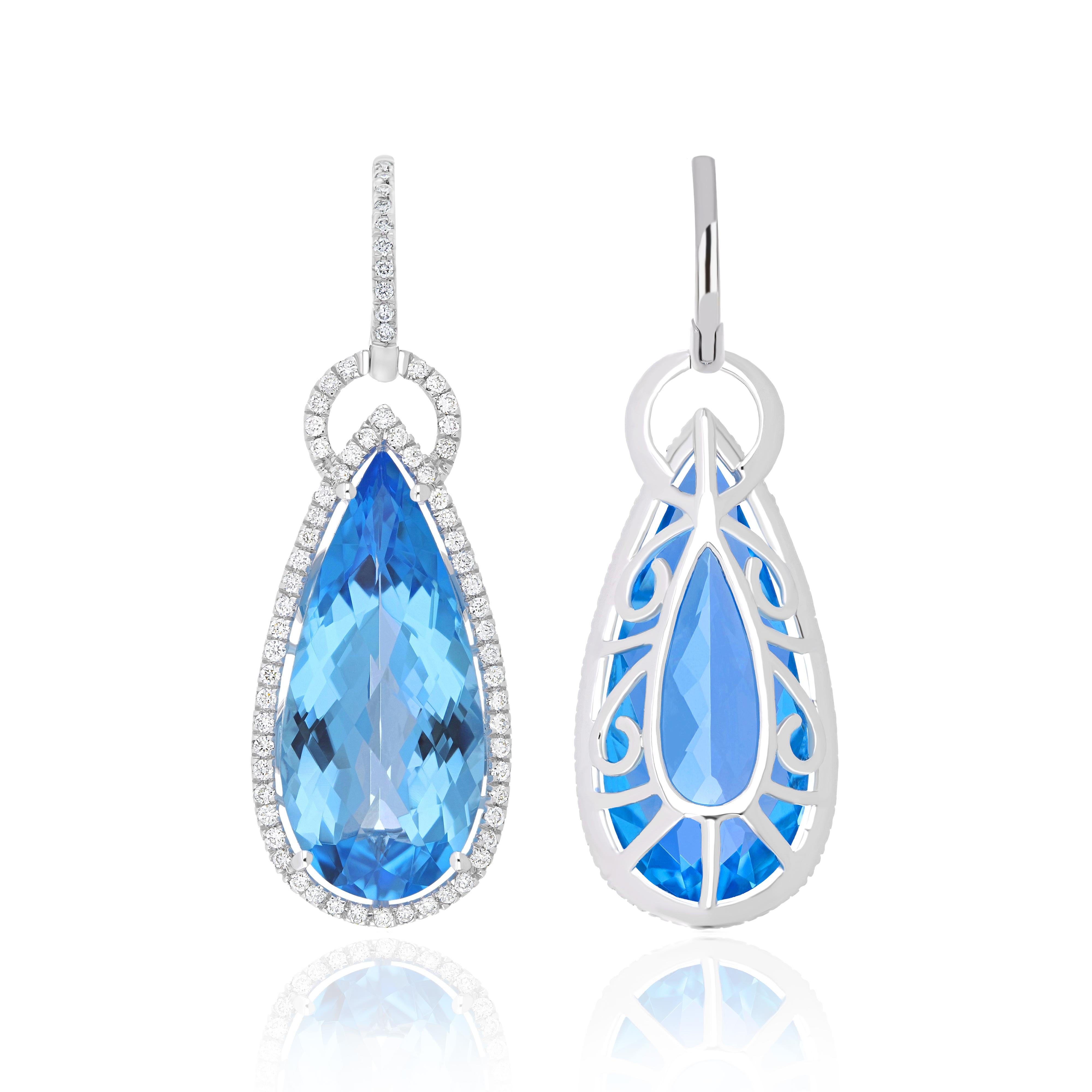 Schweizer Blautopas und Diamant-Ohrring aus 14 Karat Weißgold mit Nieten (Tropfenschliff)