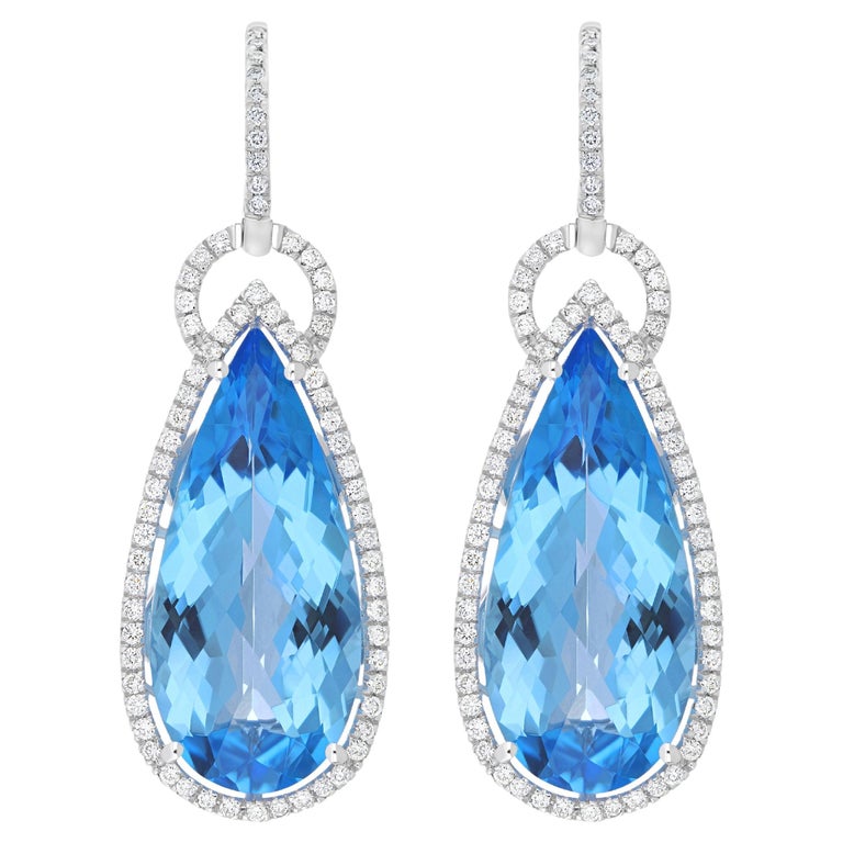 Swiss Blue Topaz and Diamond Studded 14 Karat White Gold Earring For Sale at 1stDibs