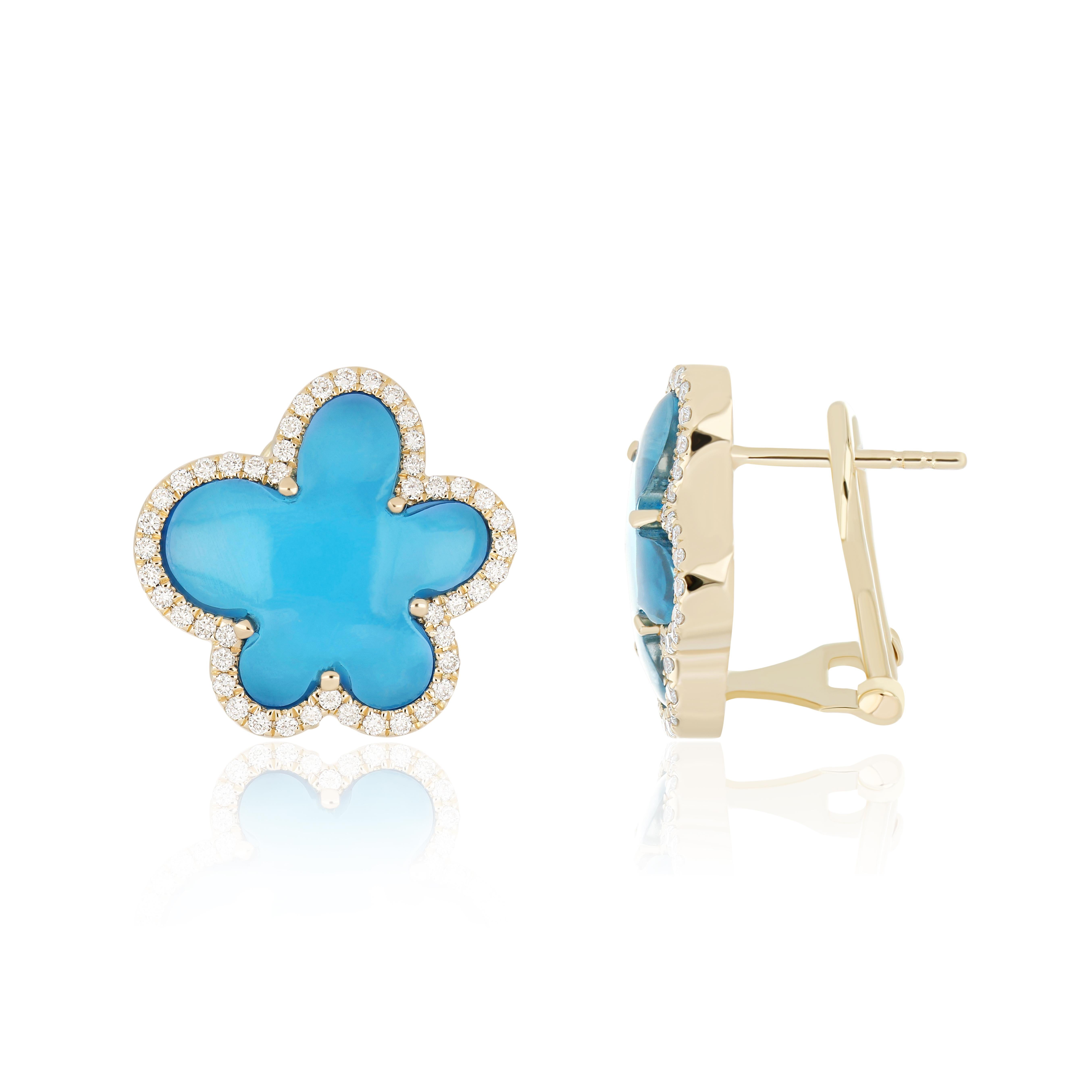 Moderne Boucle d'oreille en or jaune 14 carats avec topaze bleue suisse et diamants cloutés  Boucle d'oreille en vente