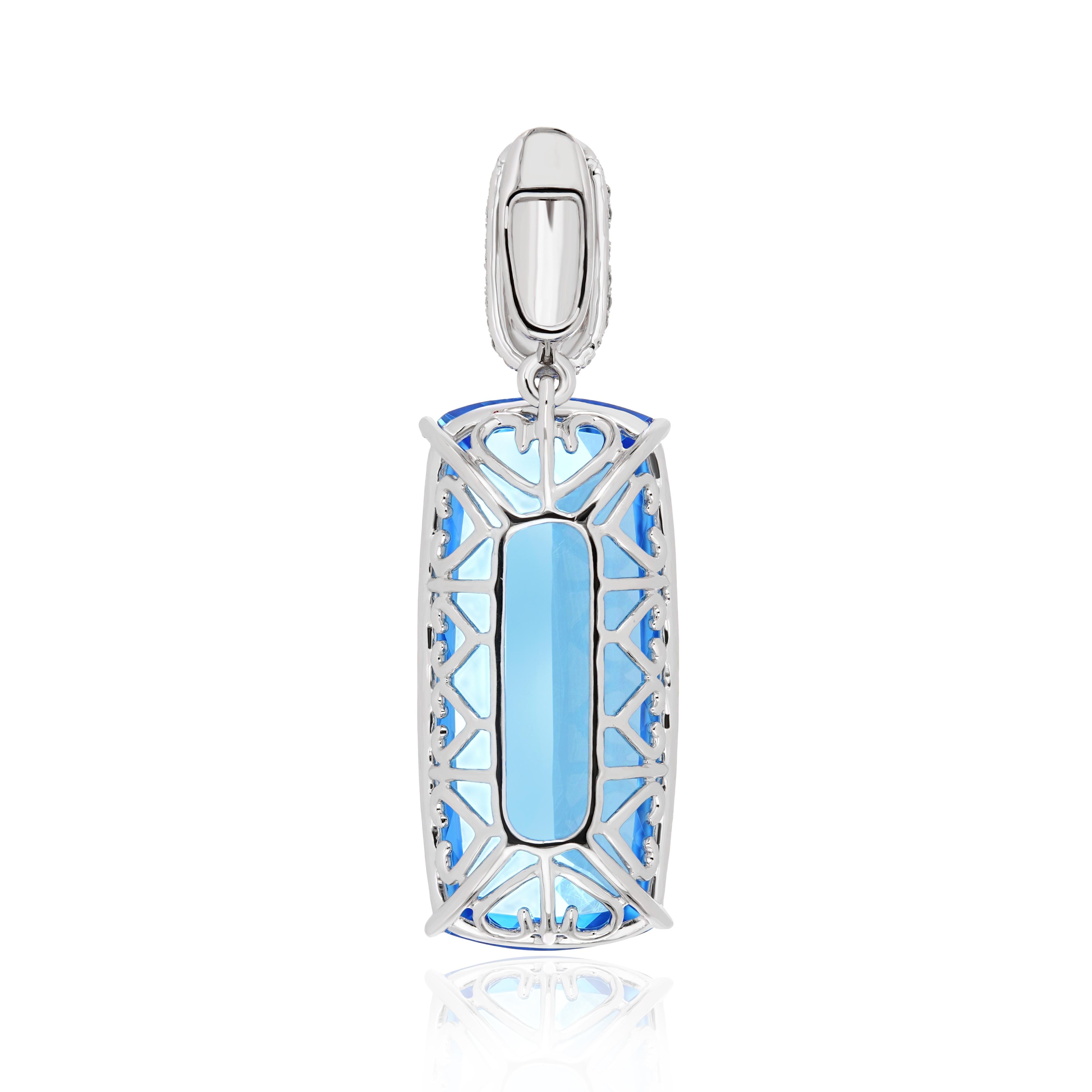 Cushion Cut Swiss Blue Topaz and Diamond Studded Pendant in 14 Karat White Gold For Sale