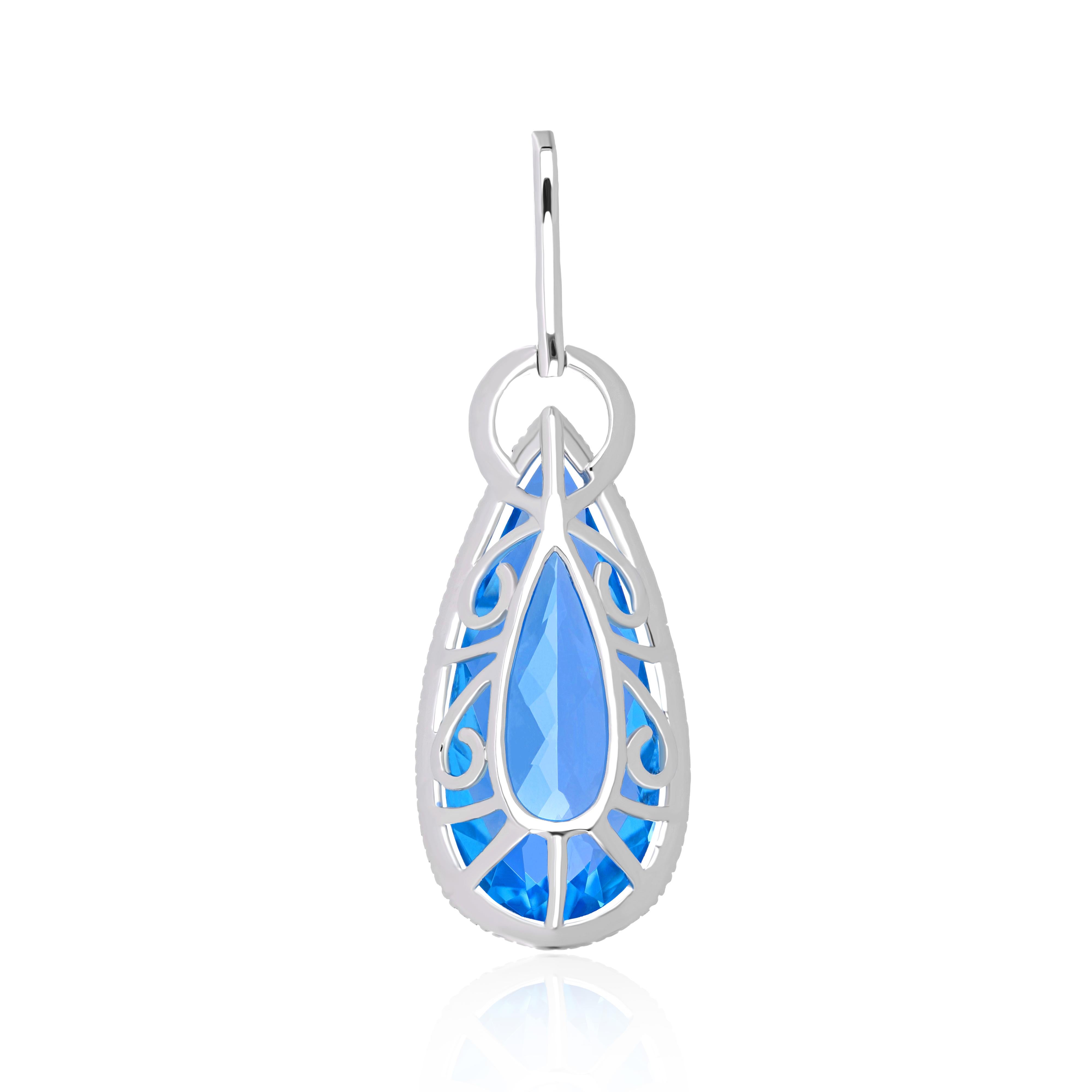 Pear Cut Swiss Blue Topaz and Diamond Studded Pendant in 14K White Gold