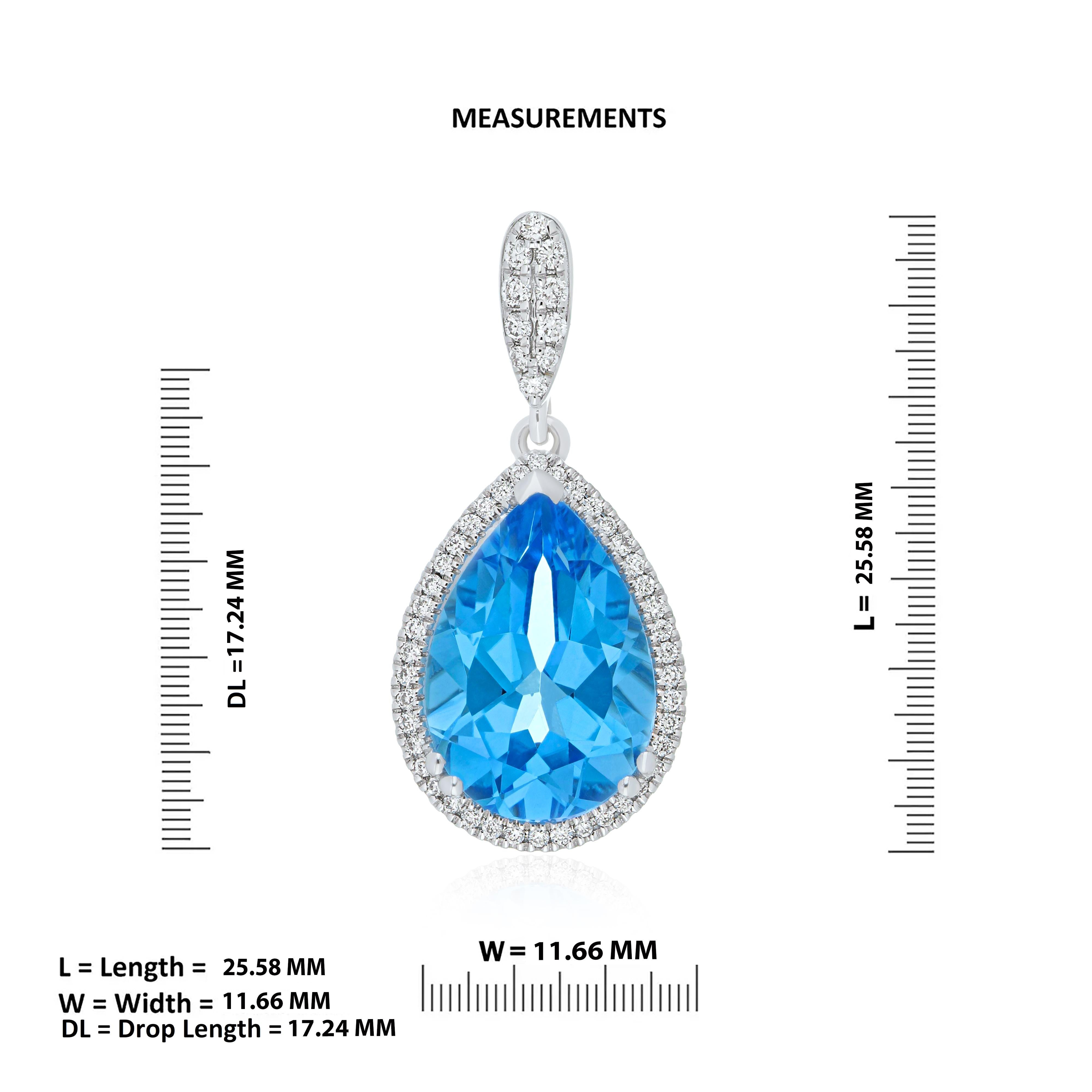 Eleganza raffinata con questo ciondolo in oro bianco 18 carati realizzato con maestria. Al centro, un Topazio Blu Svizzero mozzafiato da 4,80 carati (circa) a forma di pera allungata, sapientemente sfaccettato per catturare la luce con ogni