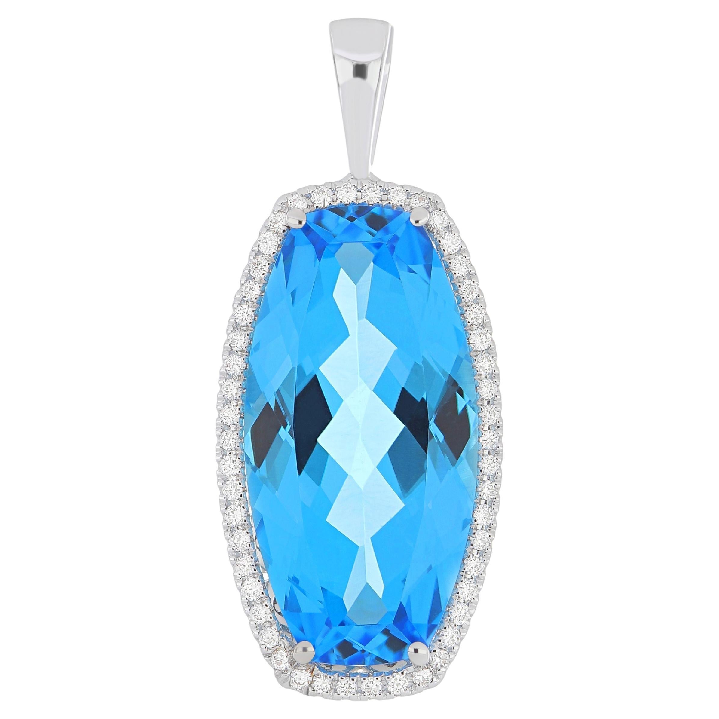 Swiss Blue Topaz and Diamond Studded Pendant in 18k Whtie Gold