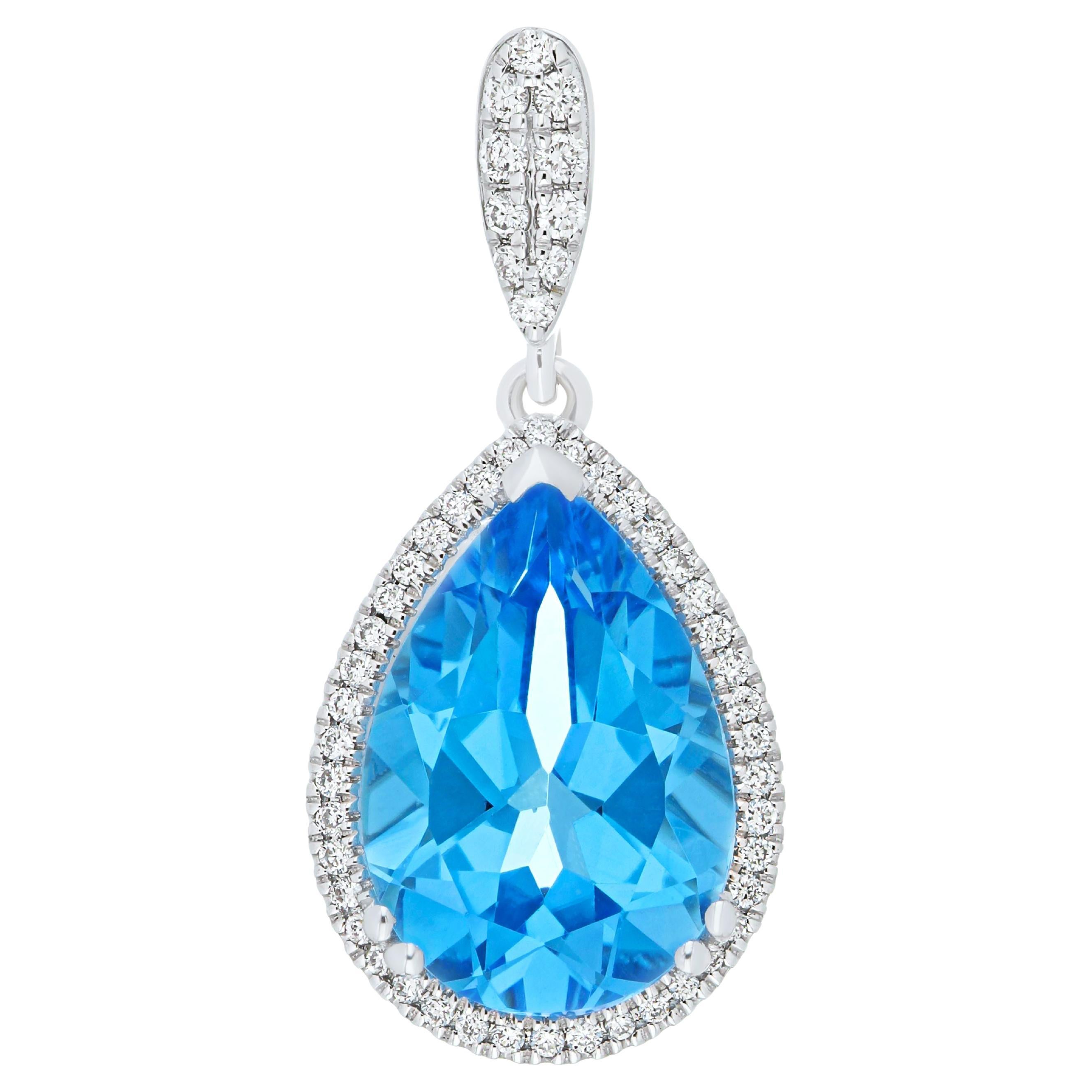 Swiss Blue Topaz and Diamond Studded Pendant in 18k Whtie Gold